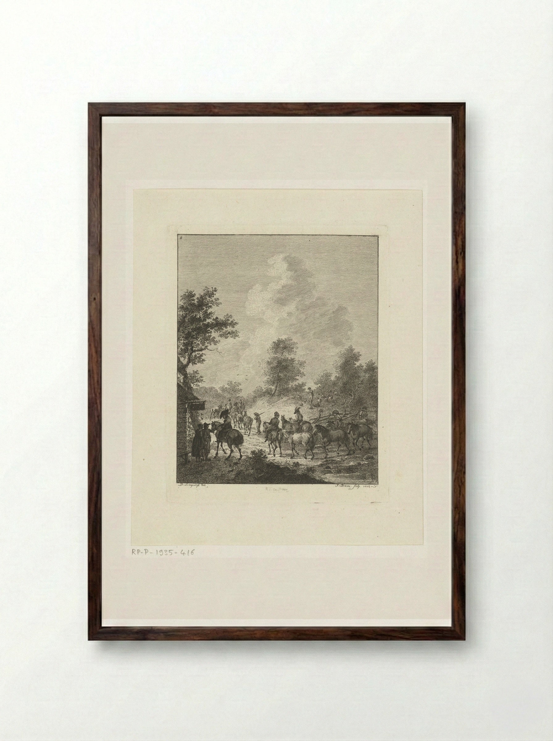 Een groep cavaleriepaarden bij een herberg - Joannes Bemme - Framed Print Dark Wood