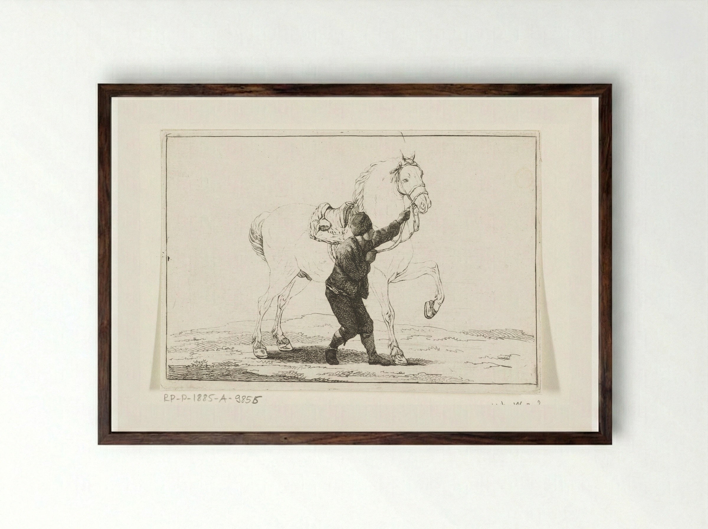 Een jongen houdt een paard aan de toom - Joannes Bemme - Framed Print Dark Wood