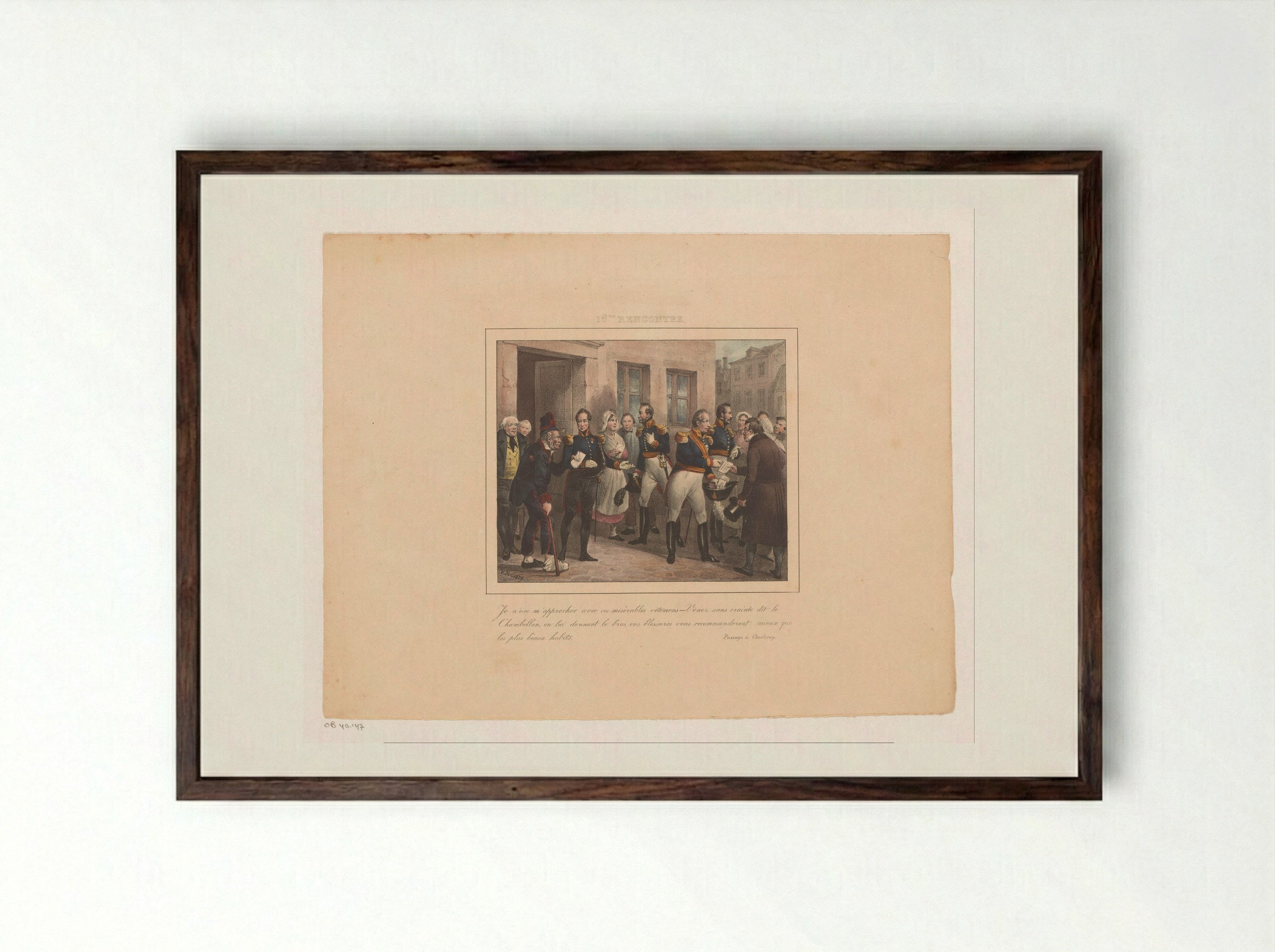 Een kamerheer brengt een oorlogsveteraan naar koning Willem I - Jean Baptiste Ambroise Marcellin Jobard - Framed Print Dark Wood