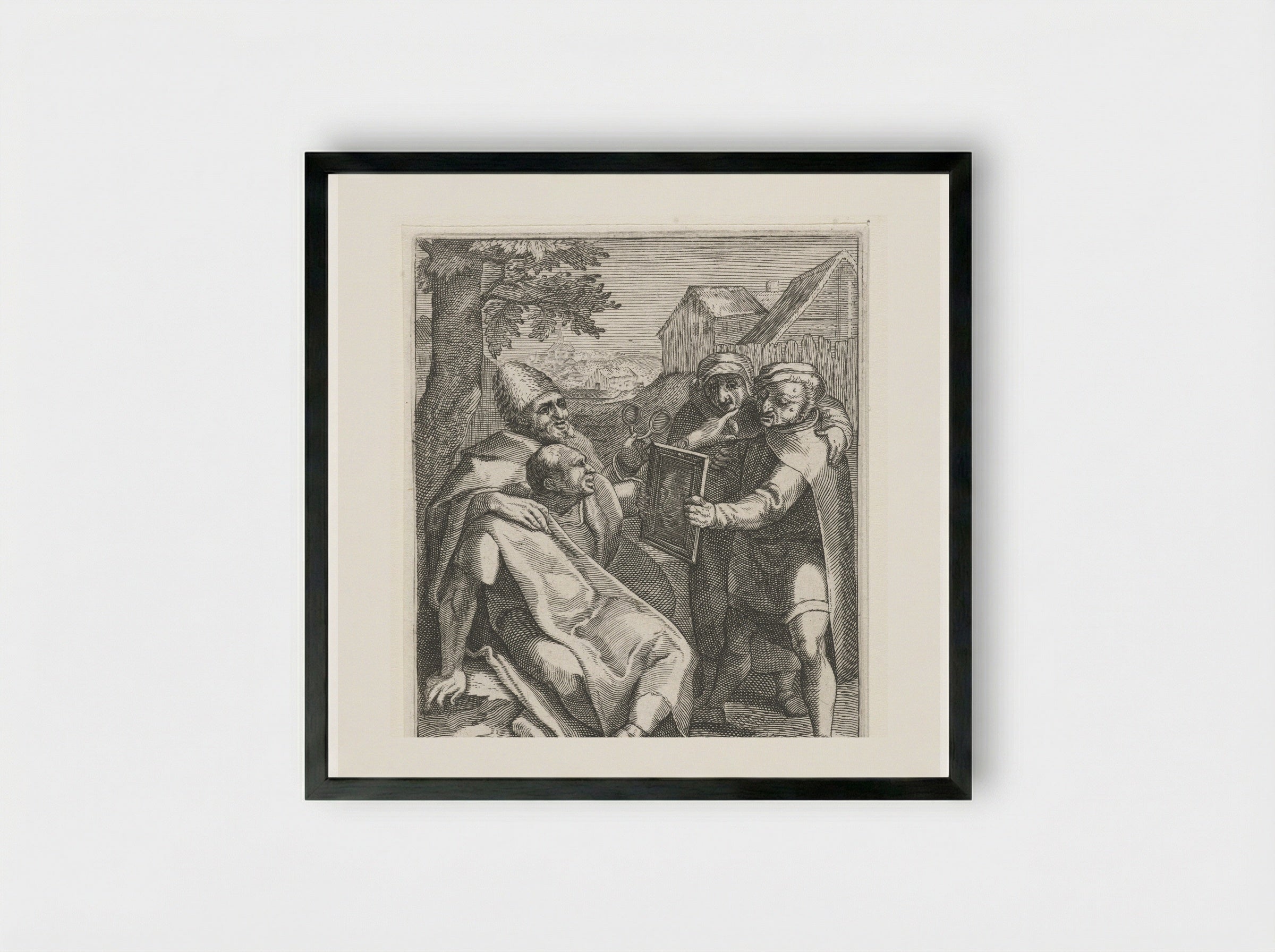 Een man wordt een spiegel voorgehouden (Beziet u zelve) - Johann Theodor de Bry - Framed Print Black