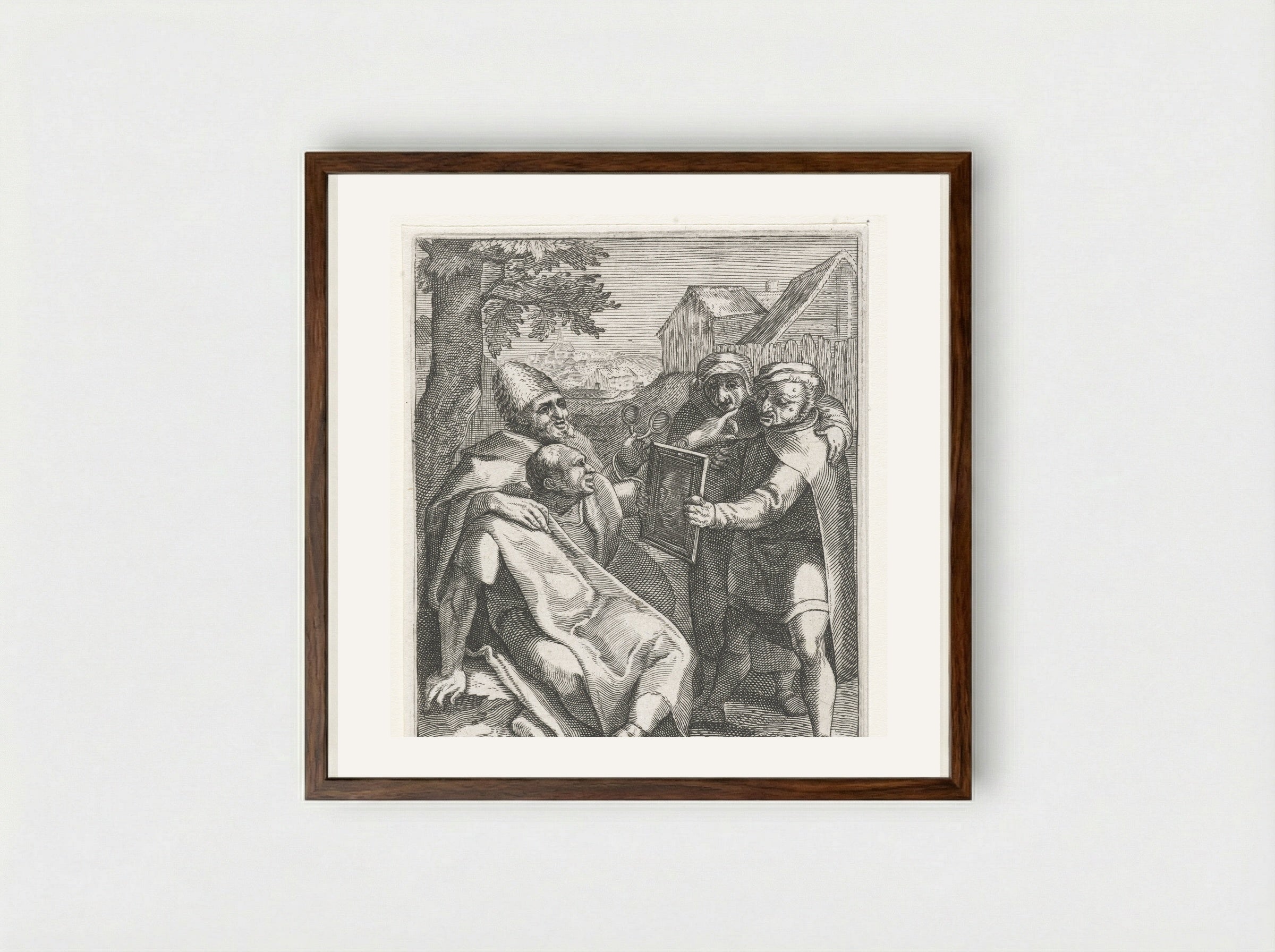 Een man wordt een spiegel voorgehouden (Beziet u zelve) - Johann Theodor de Bry - Framed Print Dark Wood