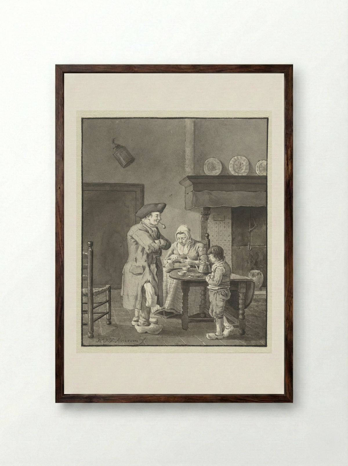 Een moeder snijdt brood voor haar man en zoon - Hendrik Jan van Amerom - Framed Print Dark Wood