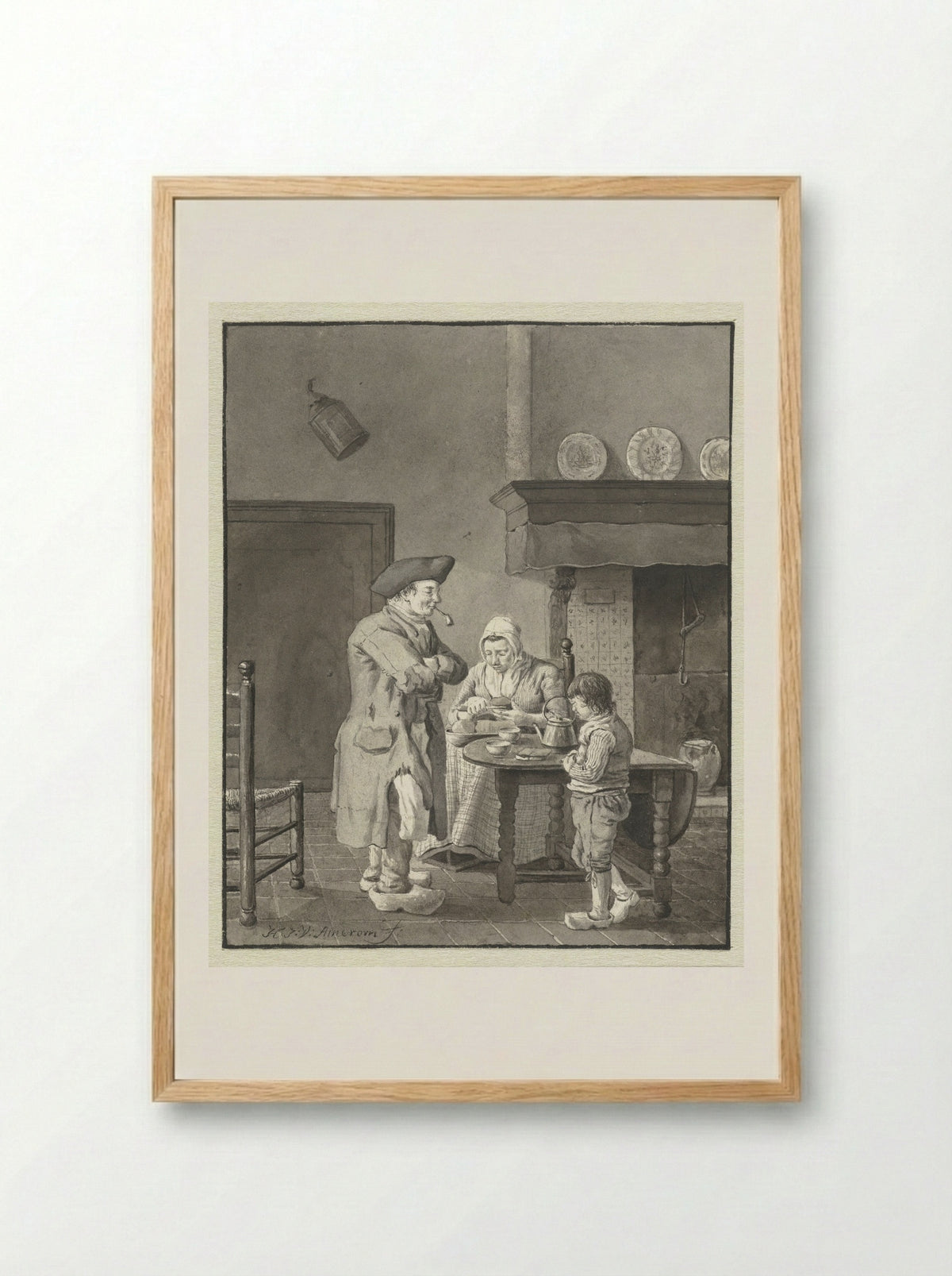 Een moeder snijdt brood voor haar man en zoon - Hendrik Jan van Amerom - Framed Print Wood