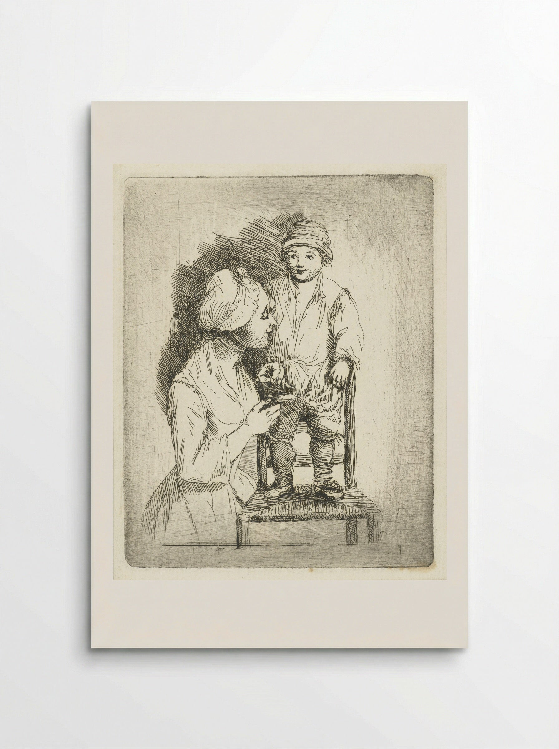 Een moeder zet een knoop aan de broek van haar zoon - Louis Bernard Coclers - Poster