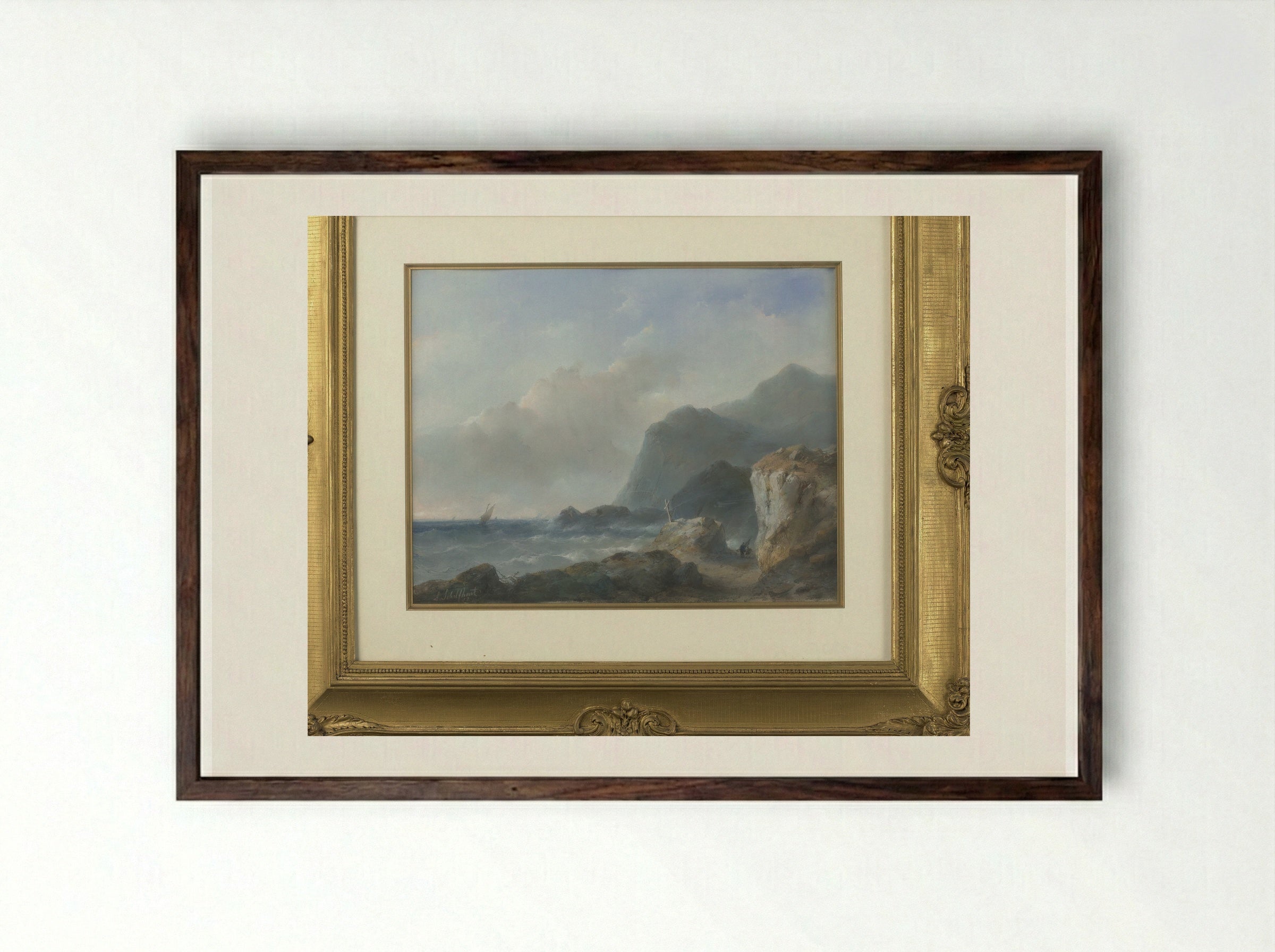 Een rotsachtige kust - Andreas Schelfhout - Framed Print Dark Wood