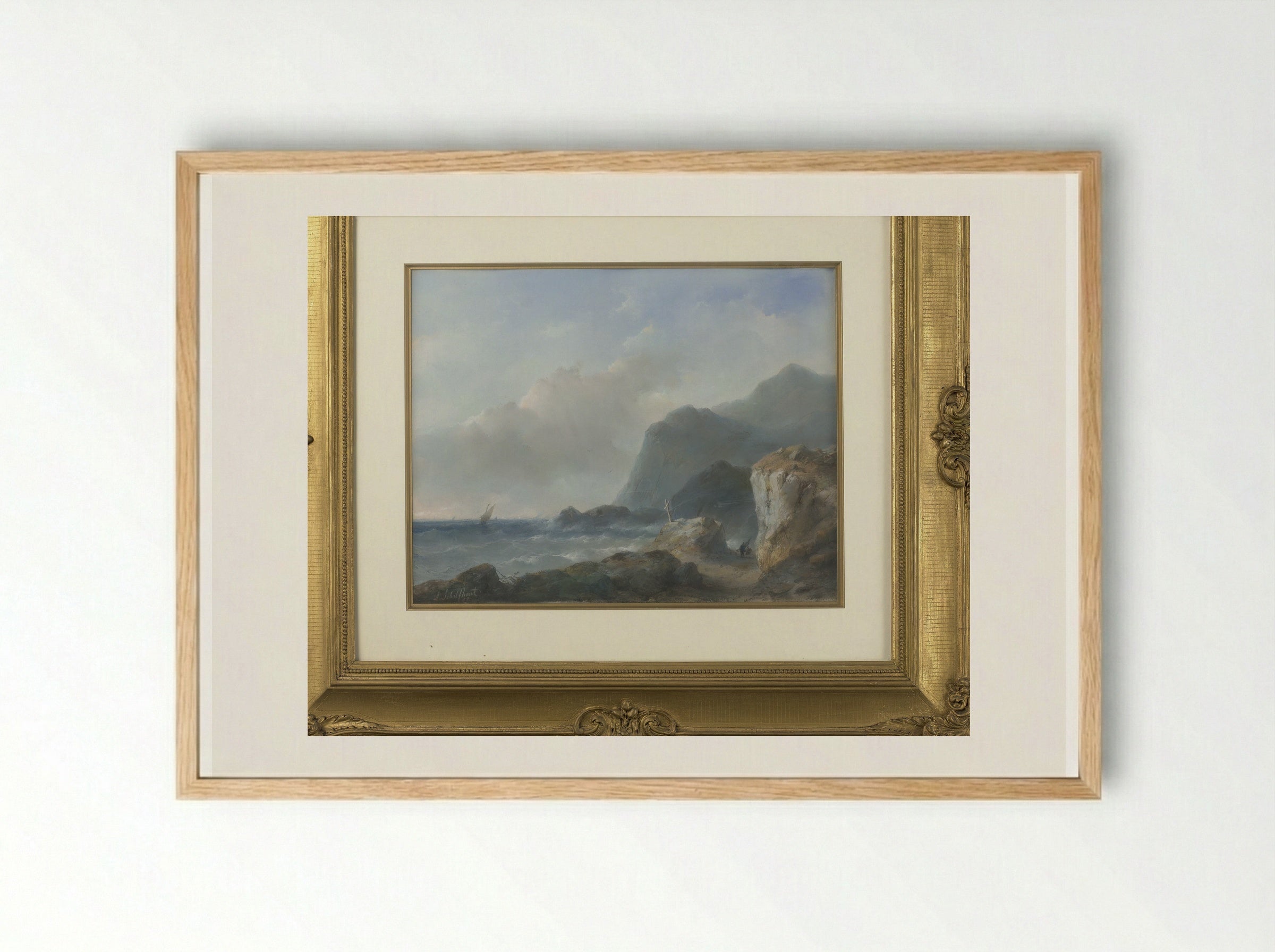 Een rotsachtige kust - Andreas Schelfhout - Framed Print Wood