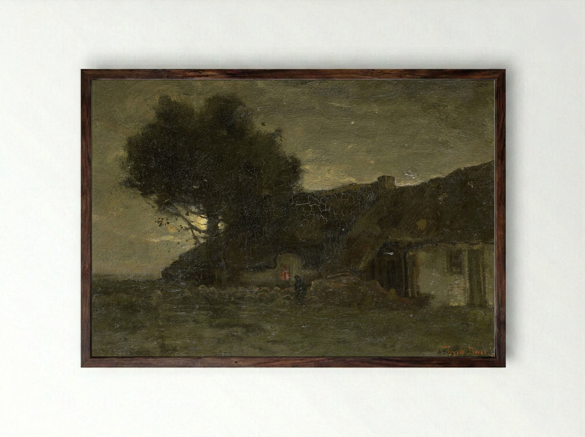 Een schaapskooi bij avondlicht - Théophile de Bock - Framed Print Dark Wood