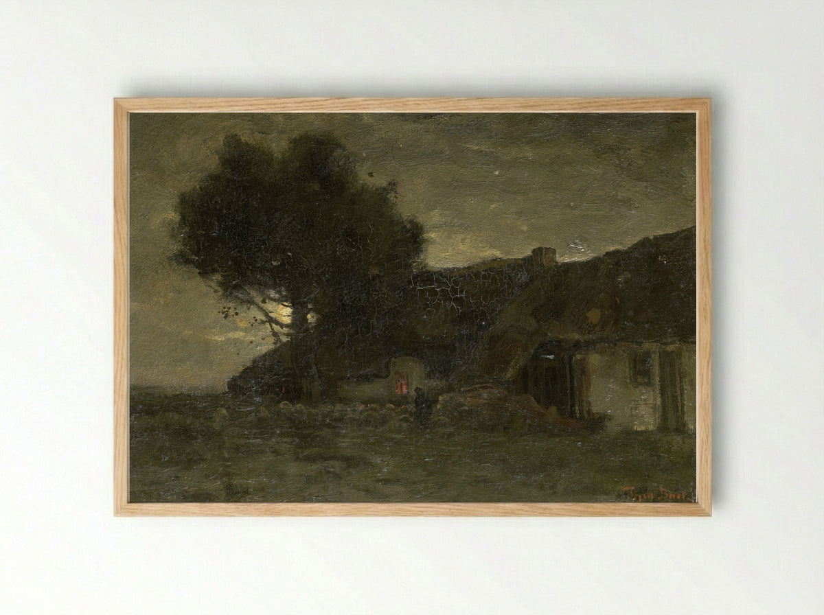 Een schaapskooi bij avondlicht - Théophile de Bock - Framed Print Wood