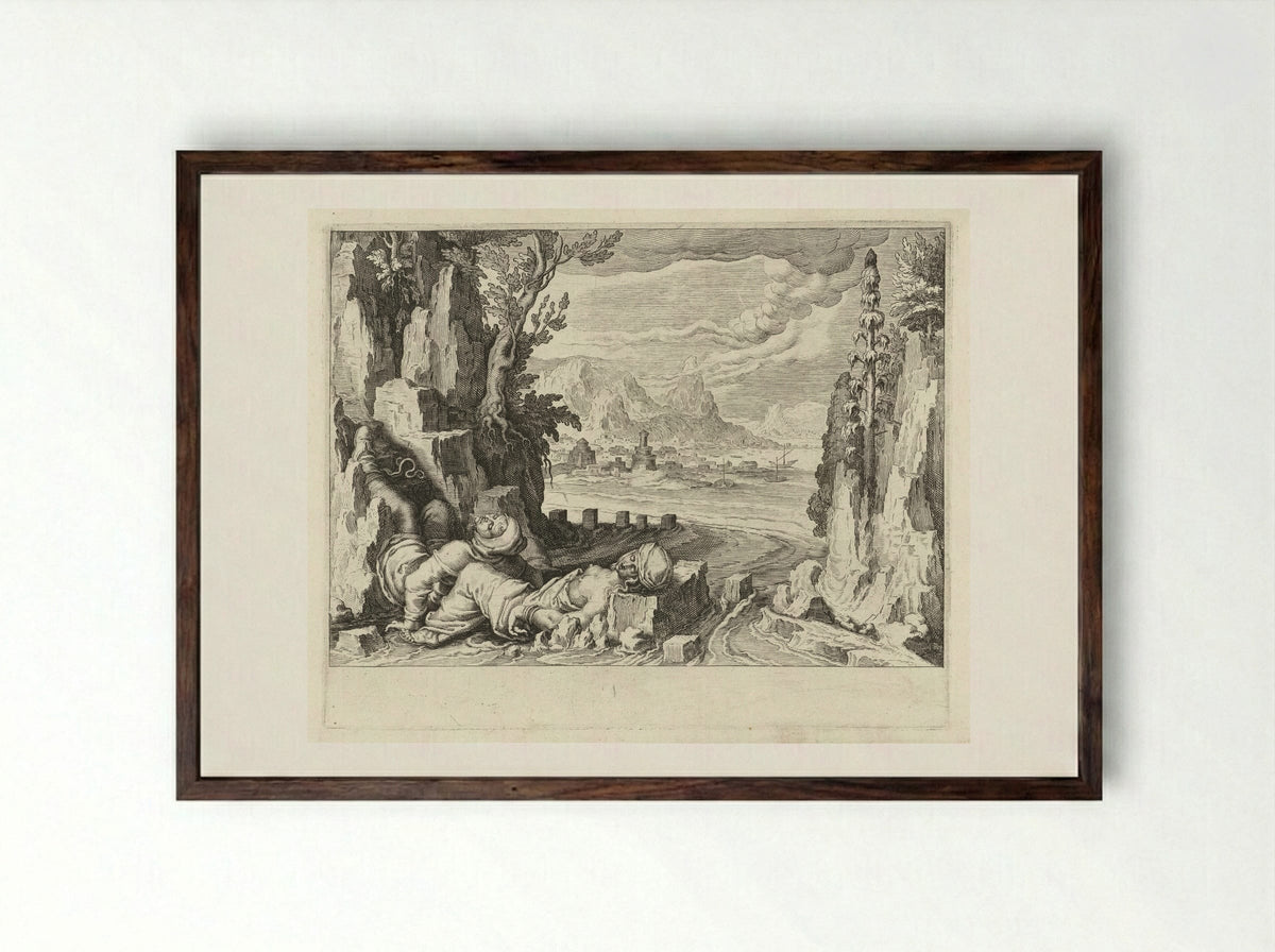 Een vissersvrouw verdrinkt zich samen met haar ongeneeslijk zieke man in zee - Zacharias Dolendo - Framed Print Dark Wood