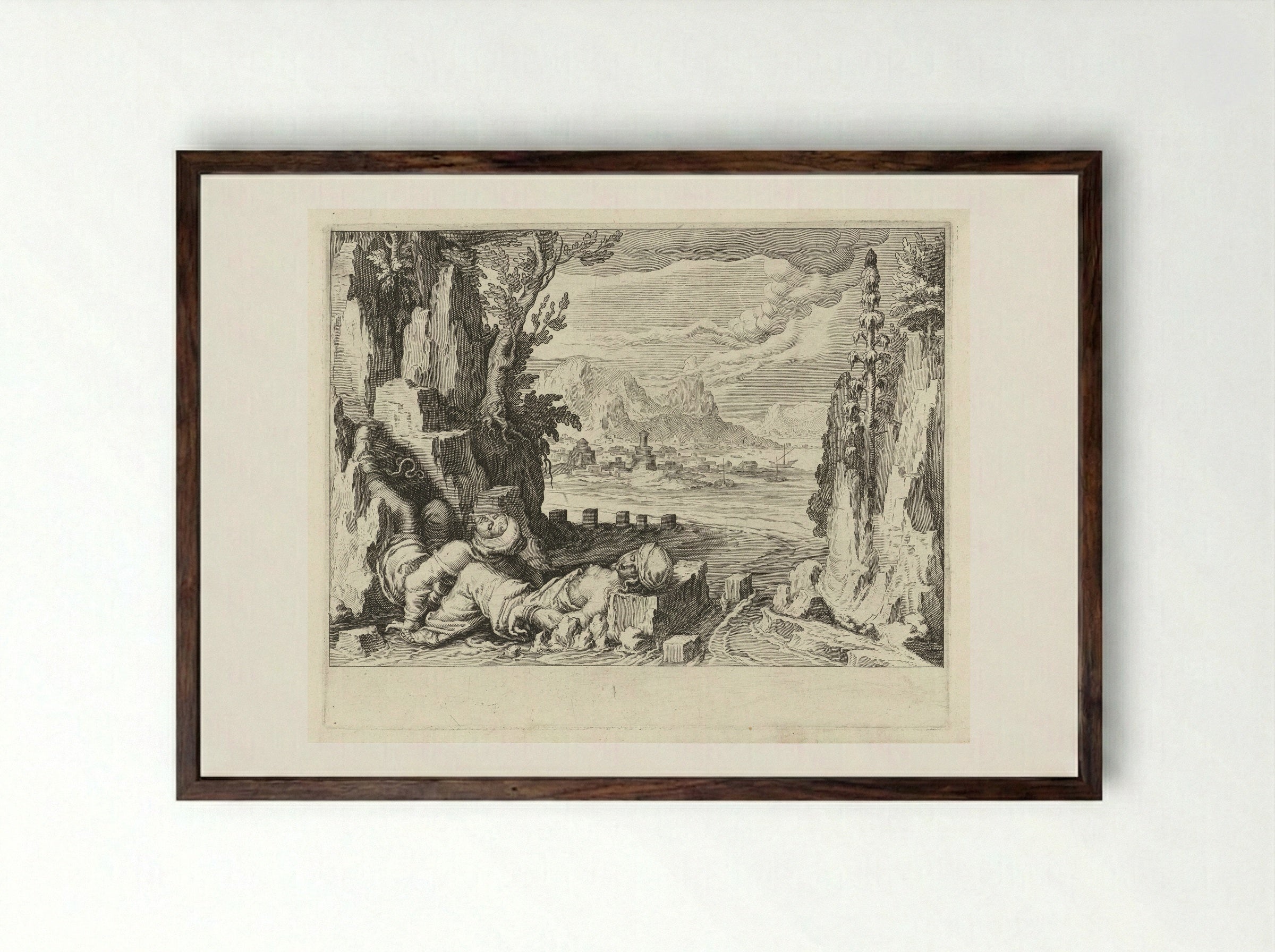Een vissersvrouw verdrinkt zich samen met haar ongeneeslijk zieke man in zee - Zacharias Dolendo - Framed Print Dark Wood