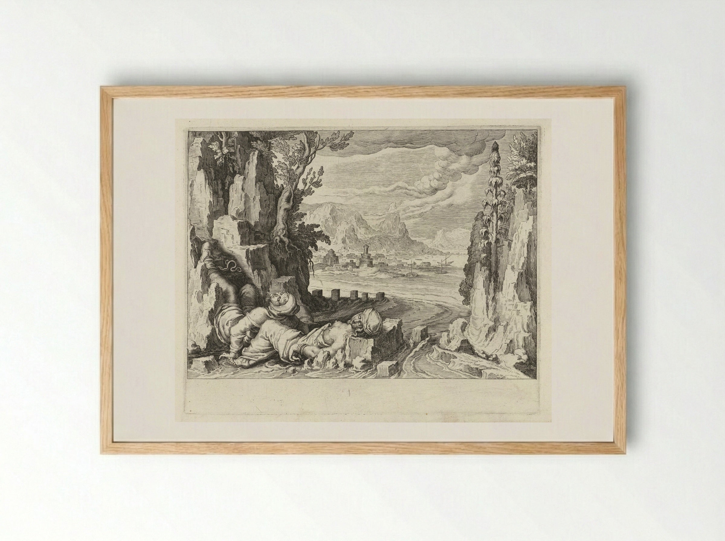 Een vissersvrouw verdrinkt zich samen met haar ongeneeslijk zieke man in zee - Zacharias Dolendo - Framed Print Wood