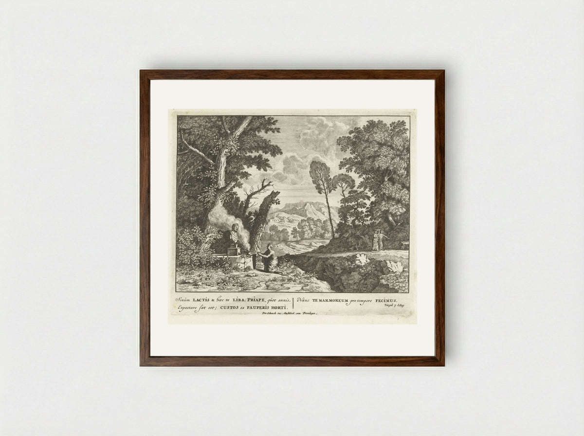 Een vrouw brengt een offer aan Priapus - Jan van Call (I) - Framed Print Dark Wood