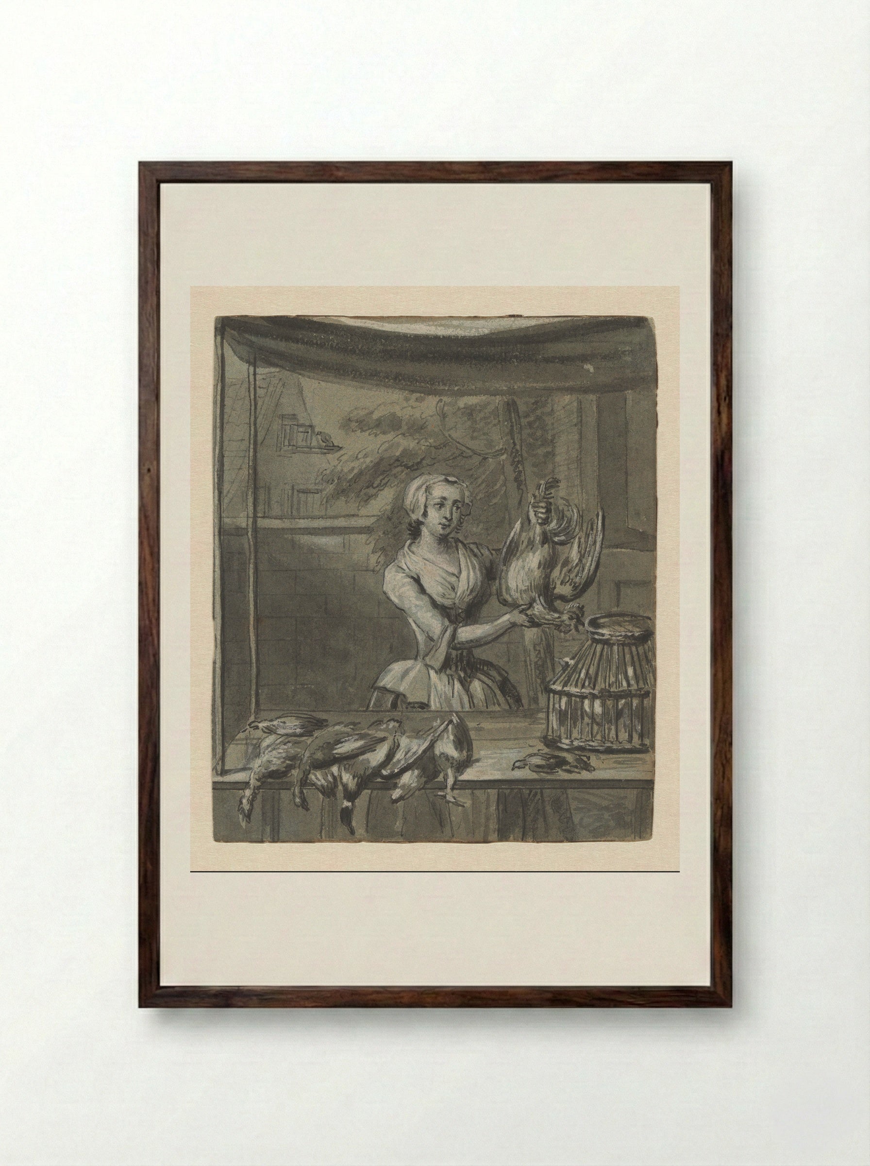 Een vrouw die gevogelte verkoopt - Tibout Regters - Framed Print Dark Wood