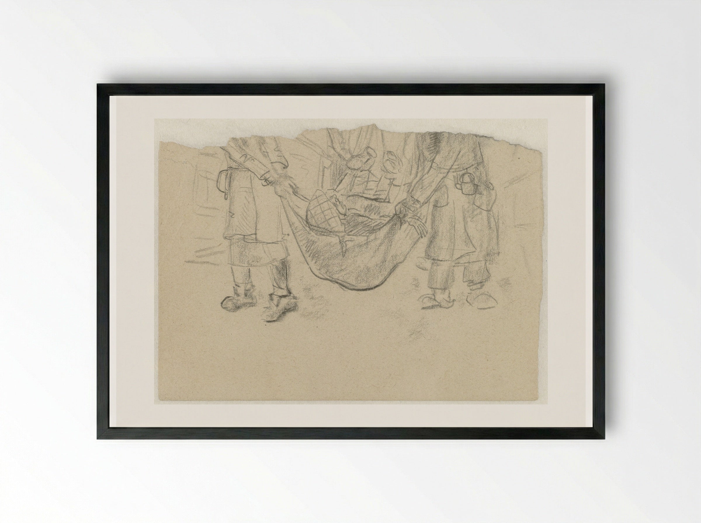 Een zieke wordt in een oud kleed naar het Revier gedragen - Aat Breur-Hibma - Framed Print Black