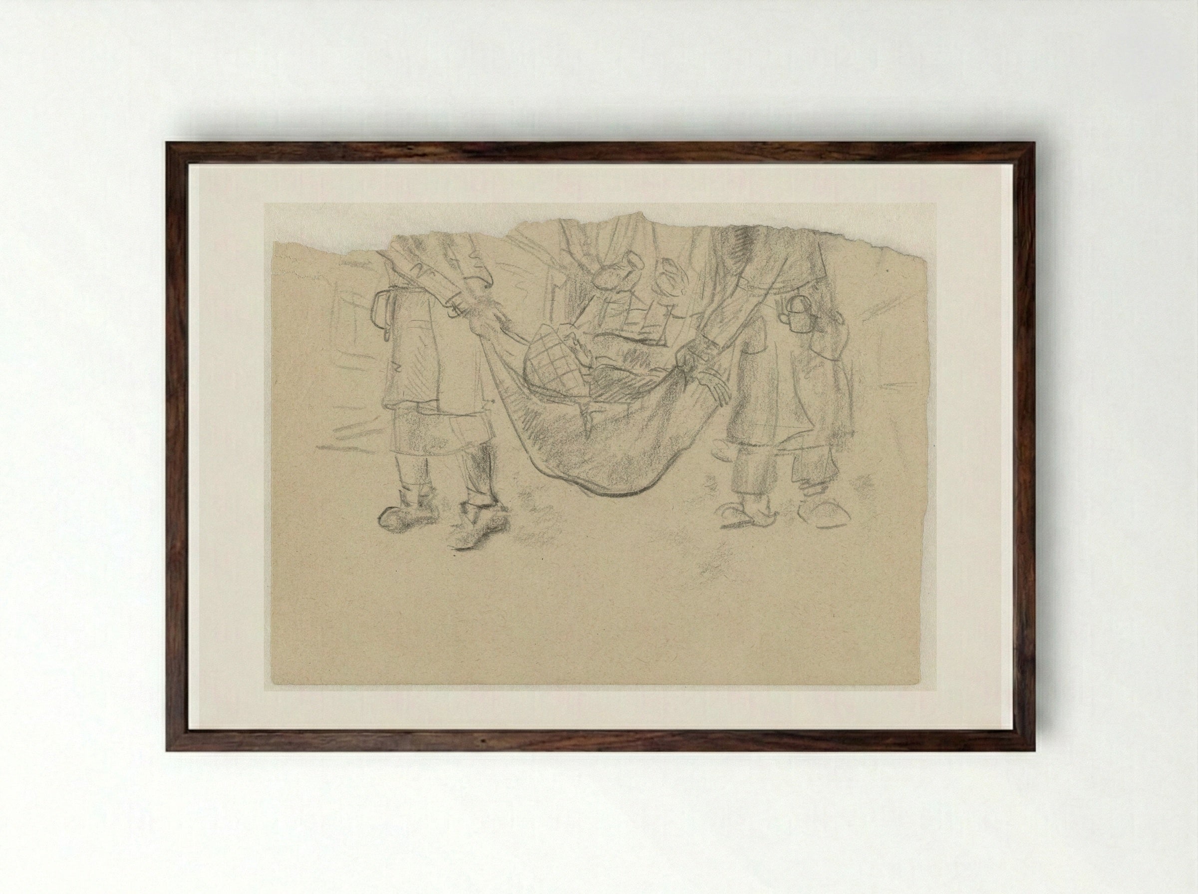 Een zieke wordt in een oud kleed naar het Revier gedragen - Aat Breur-Hibma - Framed Print Dark Wood