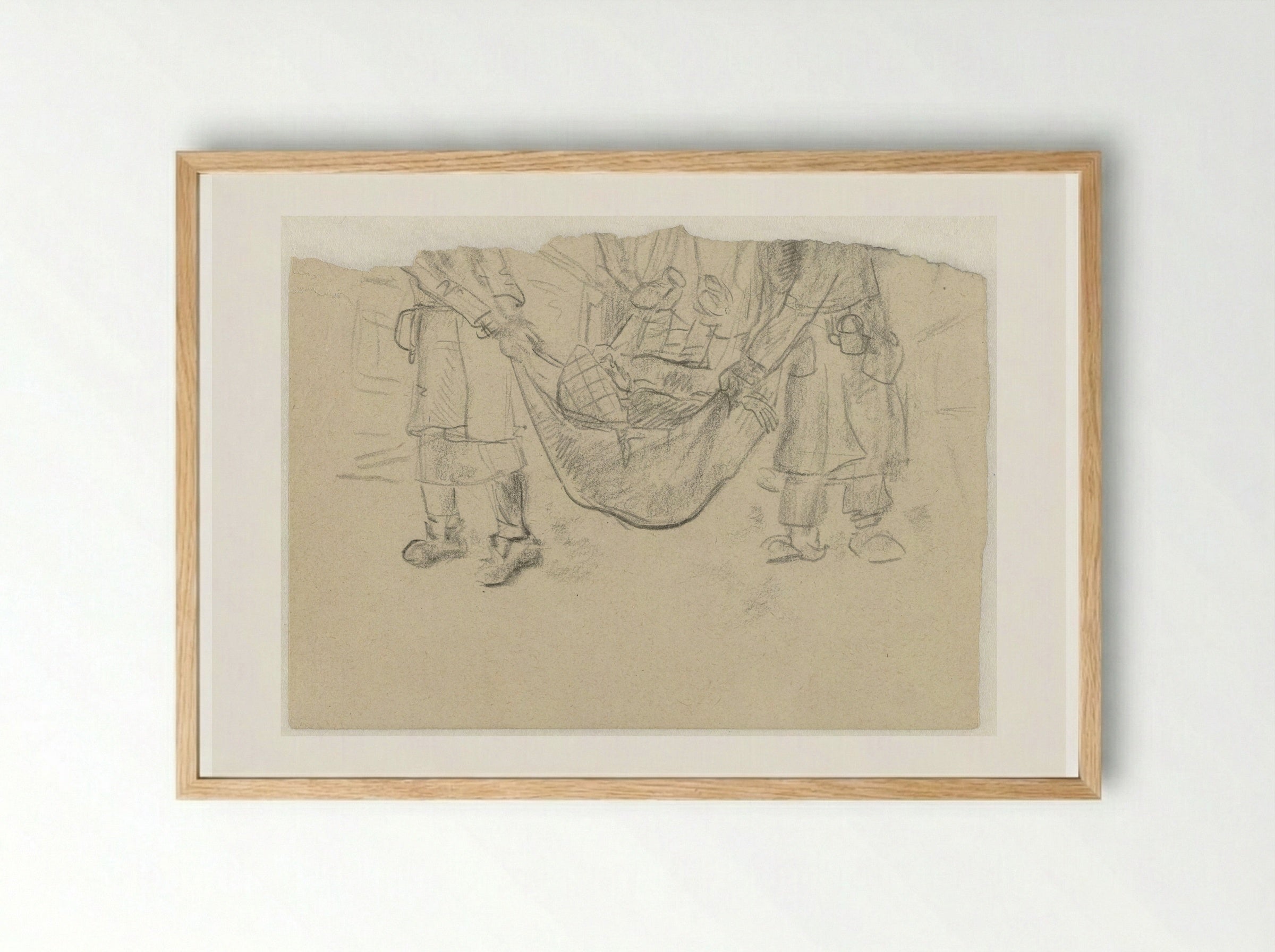 Een zieke wordt in een oud kleed naar het Revier gedragen - Aat Breur-Hibma - Framed Print Wood