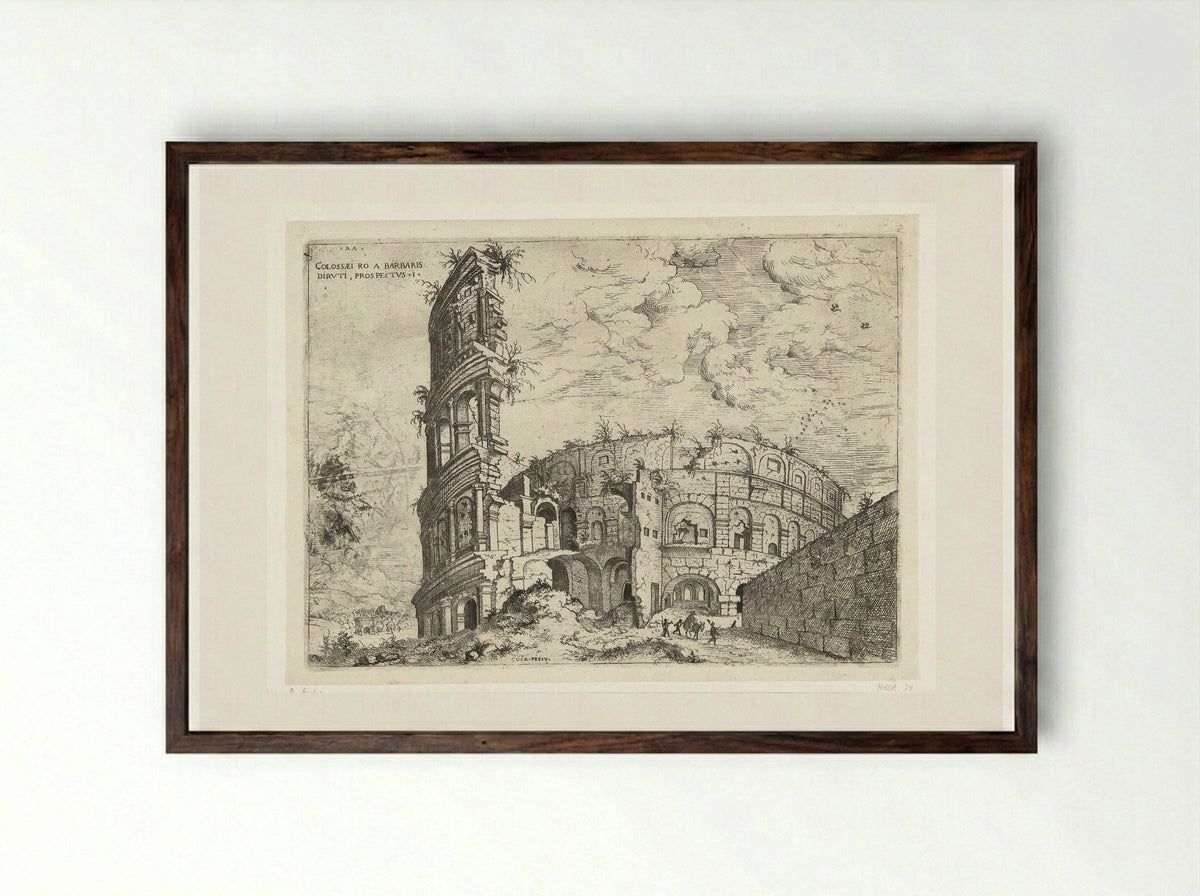 Eerste gezicht op het Colosseum te Rome - Hieronymus Cock - Framed Print Dark Wood