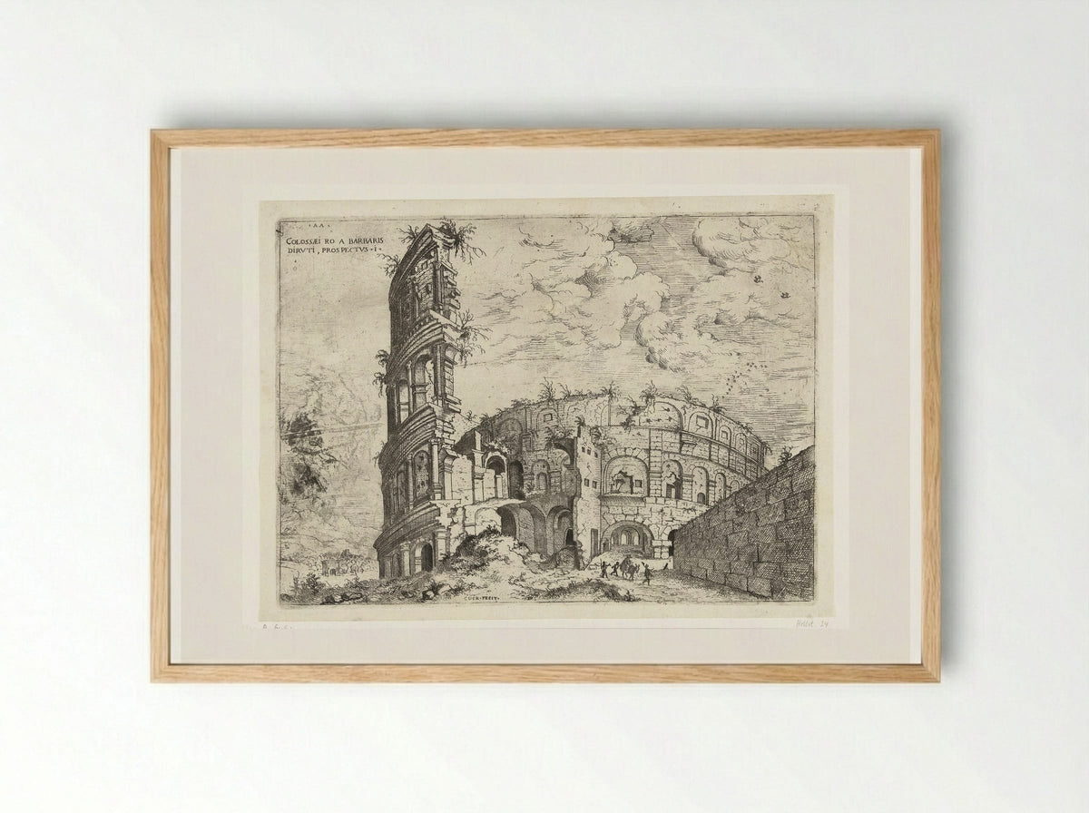 Eerste gezicht op het Colosseum te Rome - Hieronymus Cock - Framed Print Wood