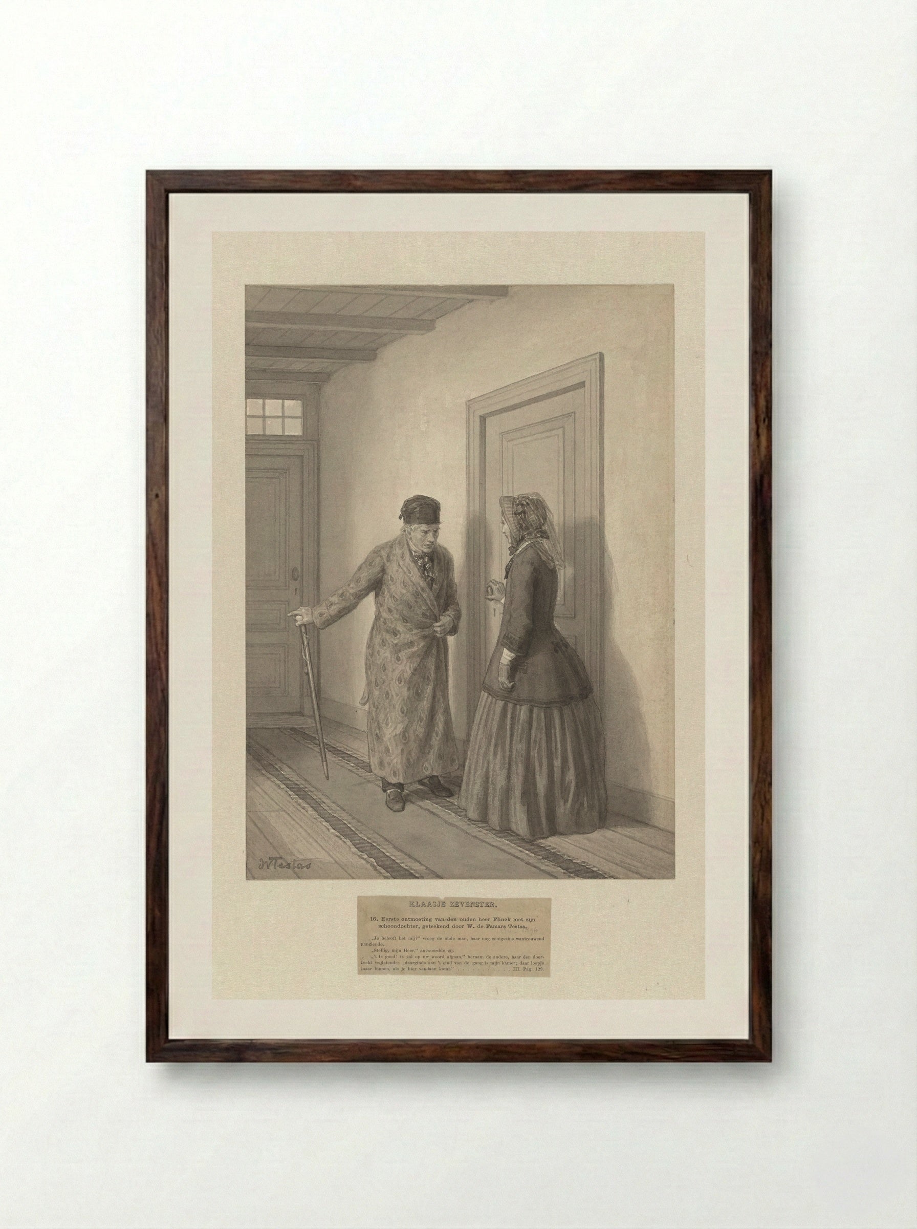 Eerste ontmoeting van de oude heer Flinck met zijn schoondochter - Willem de Famars Testas - Framed Print Dark Wood