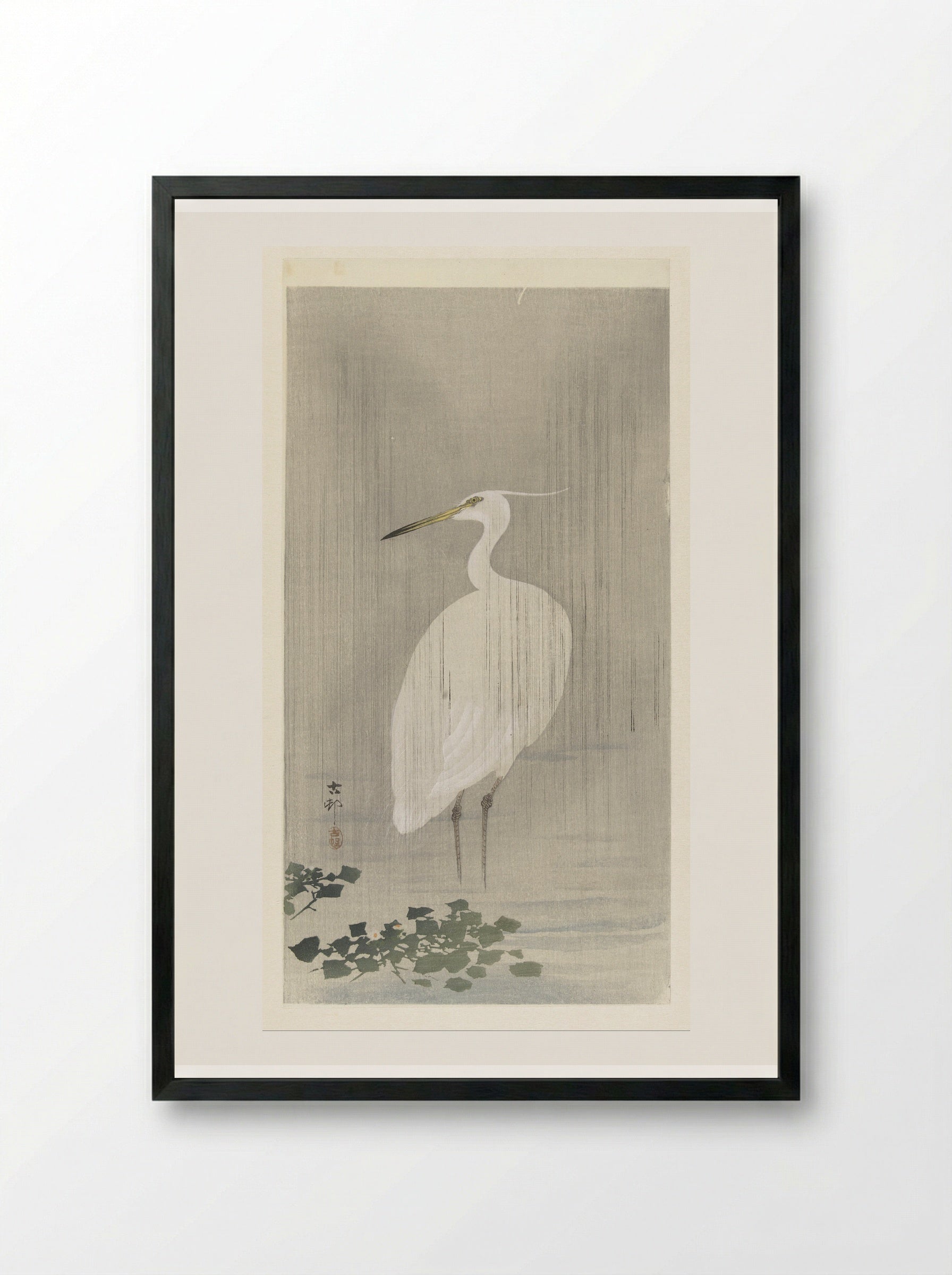 Egret in the Rain - Matsuki Heikichi - Framed Print Black
