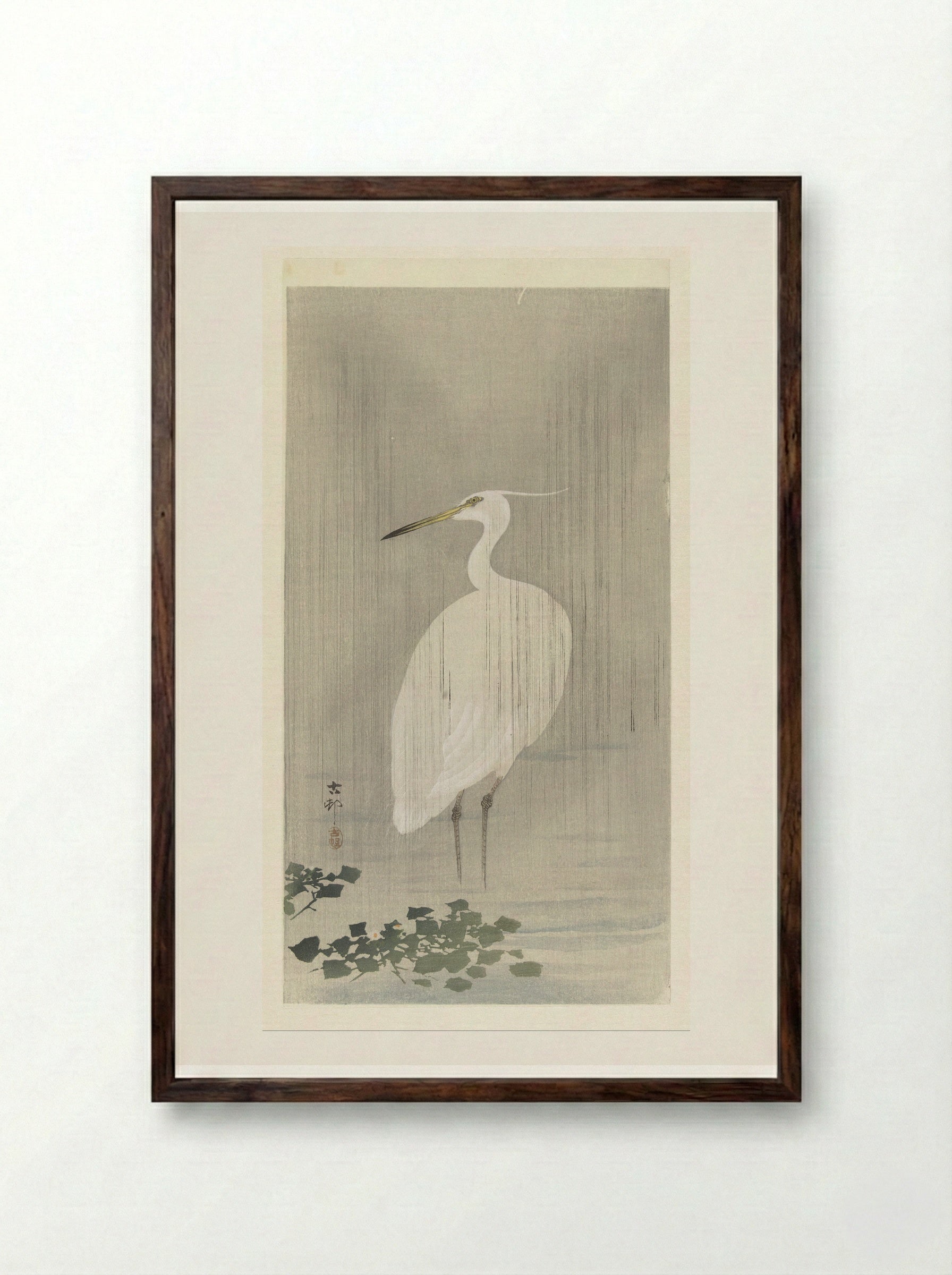 Egret in the Rain - Matsuki Heikichi - Framed Print Dark Wood