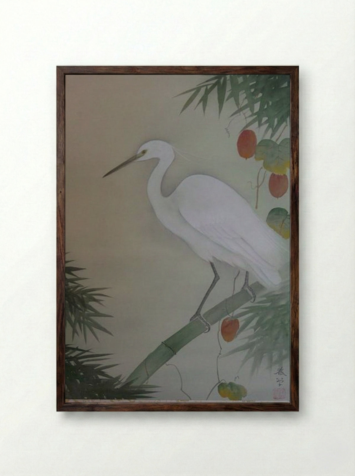 Egret on Bamboo Branch - Hishida Shunso - Framed Print Dark Wood
