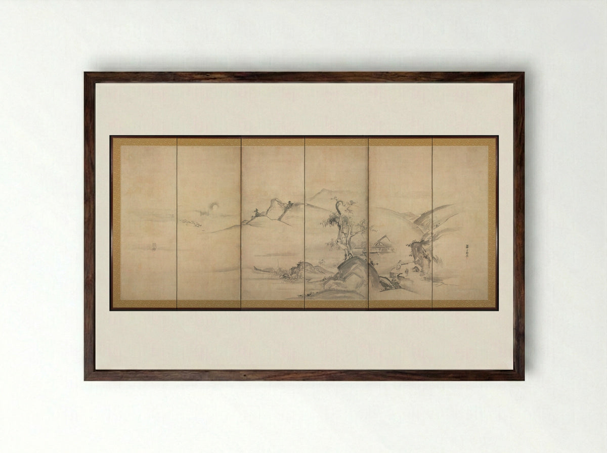 Eight Views of the Xiao and Xiang Rivers - Watanabe Shikō - Framed Print Dark Wood