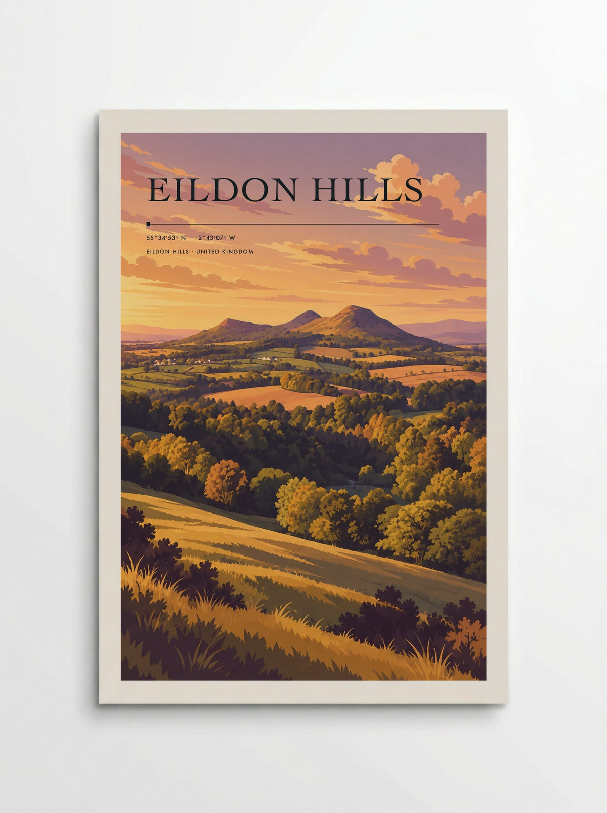 Eildon Hills travel poster: three rocky summits under a glowing peach and pink summer sky