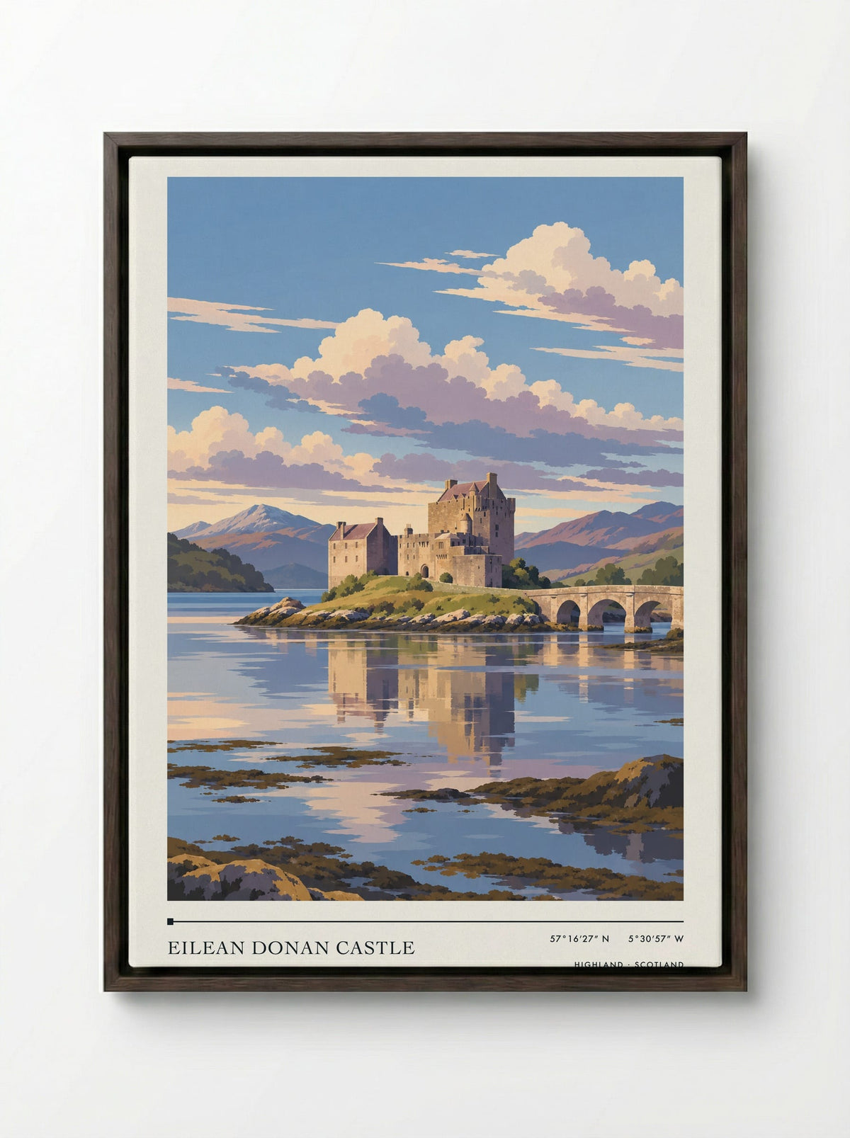 Eilean Donan Castle, Highland | Travel Poster - Framed Canvas Dark Wood
