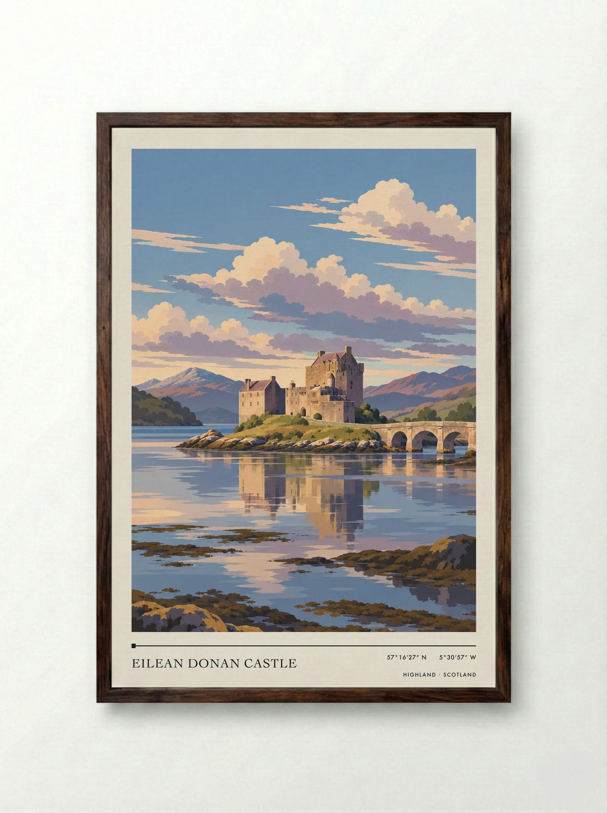 Eilean Donan Castle, Highland | Travel Poster - Framed Print Dark Wood