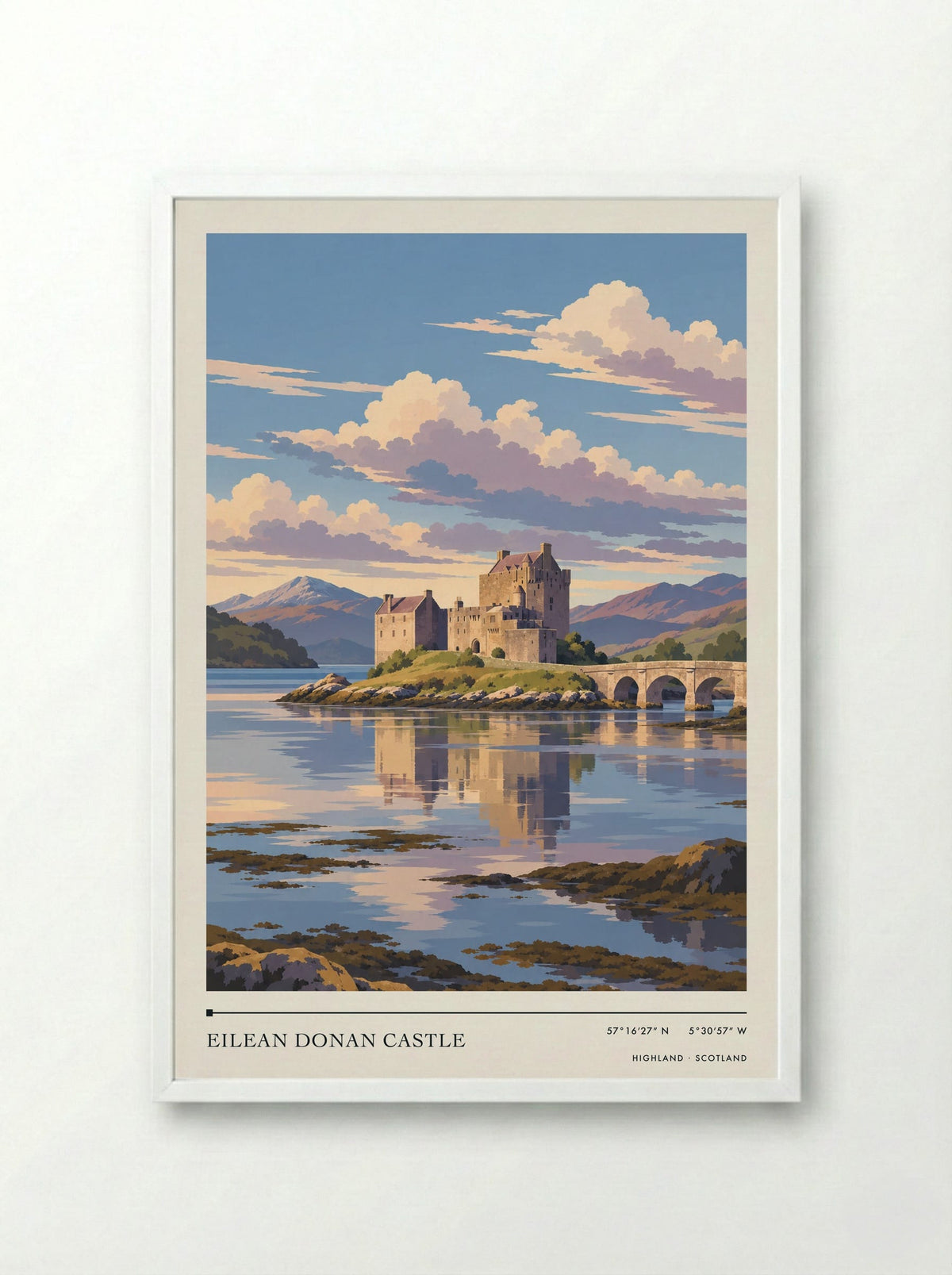 Eilean Donan Castle, Highland | Travel Poster - Framed Print White