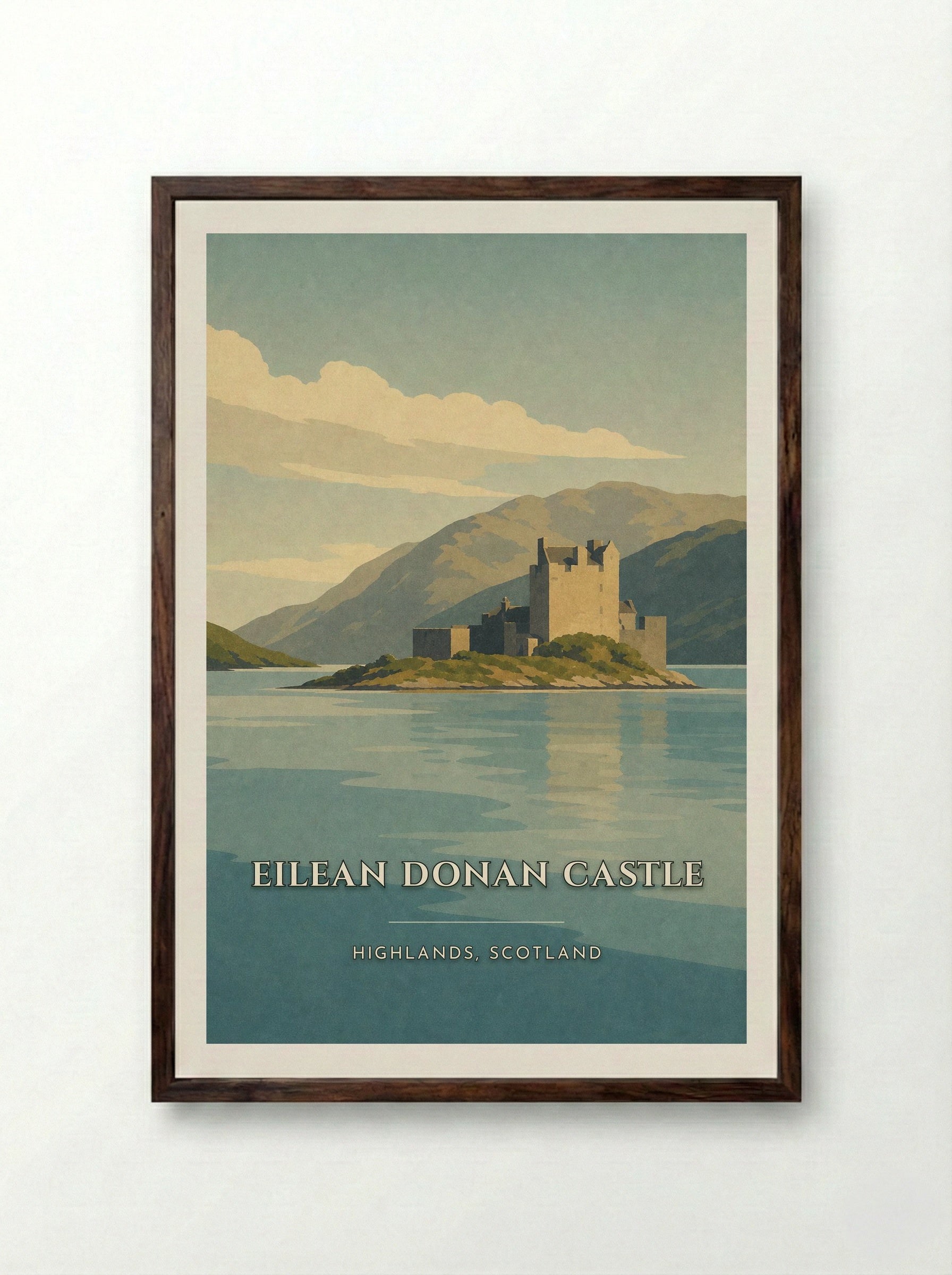 Eilean Donan Castle Travel Poster Artwork - Framed Print Dark Wood