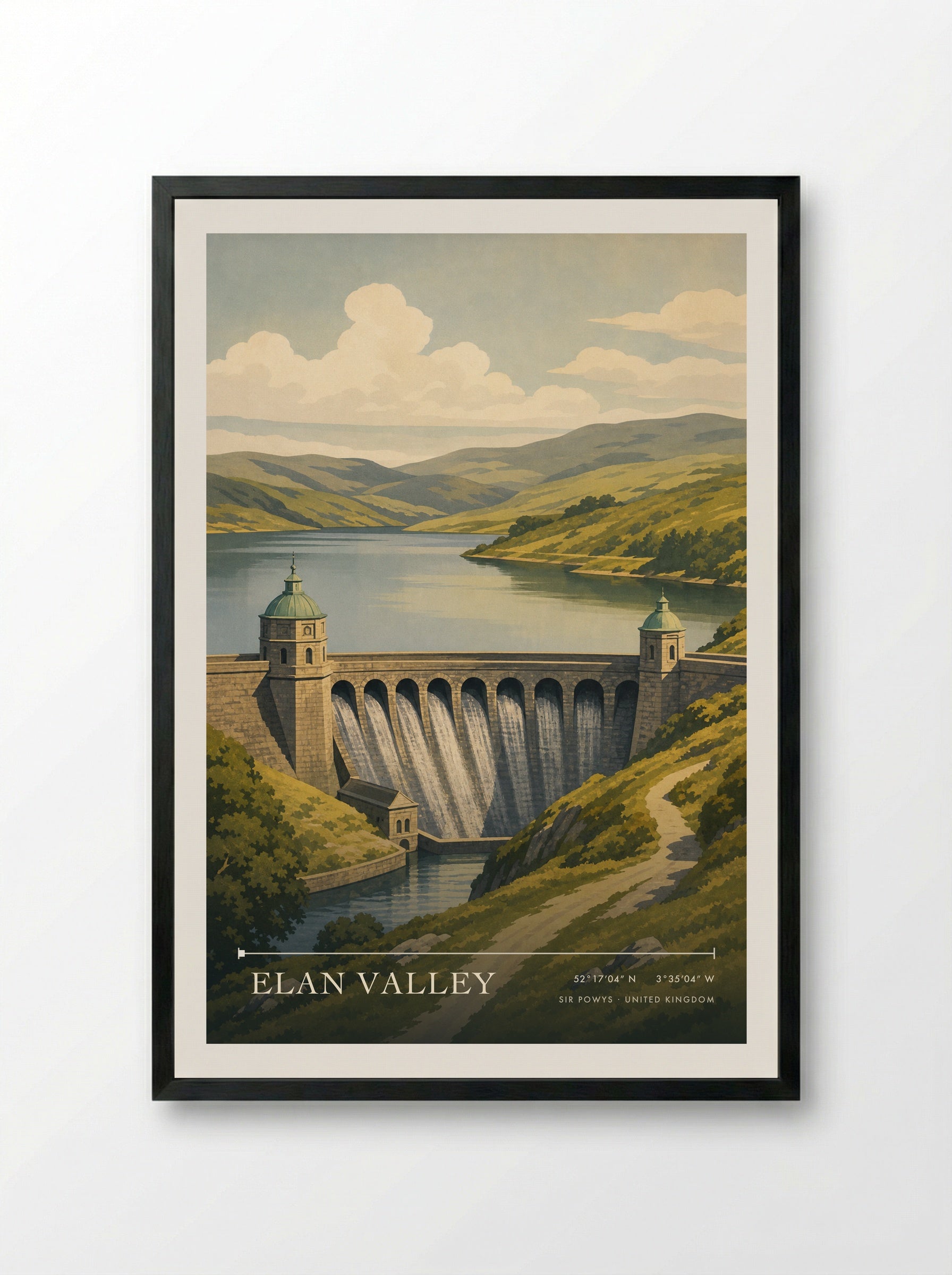 Elan Valley Sir Powys United Kingdom Travel Poster - Framed Print Black
