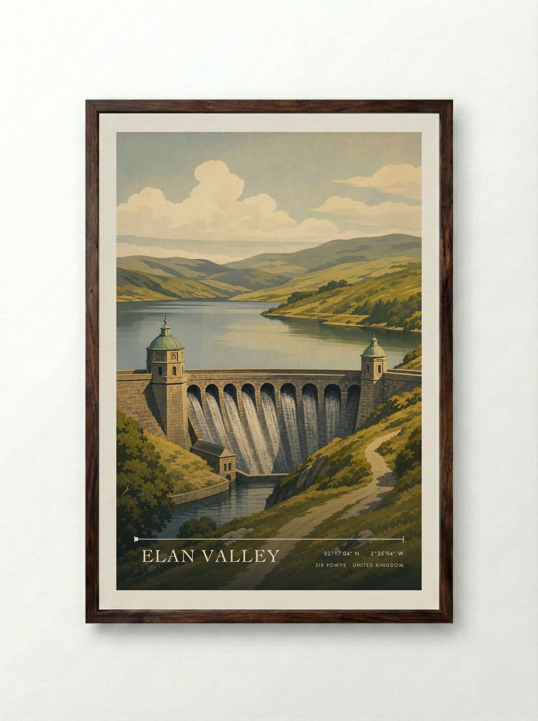 Elan Valley Sir Powys United Kingdom Travel Poster - Framed Print Dark Wood