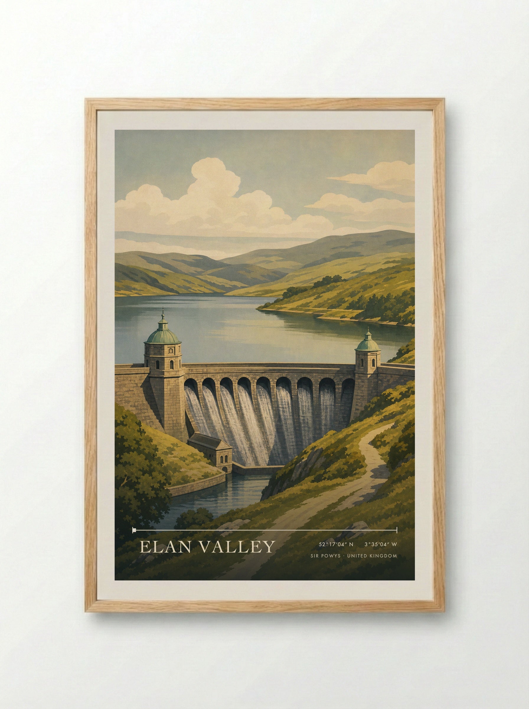 Elan Valley Sir Powys United Kingdom Travel Poster - Framed Print Wood