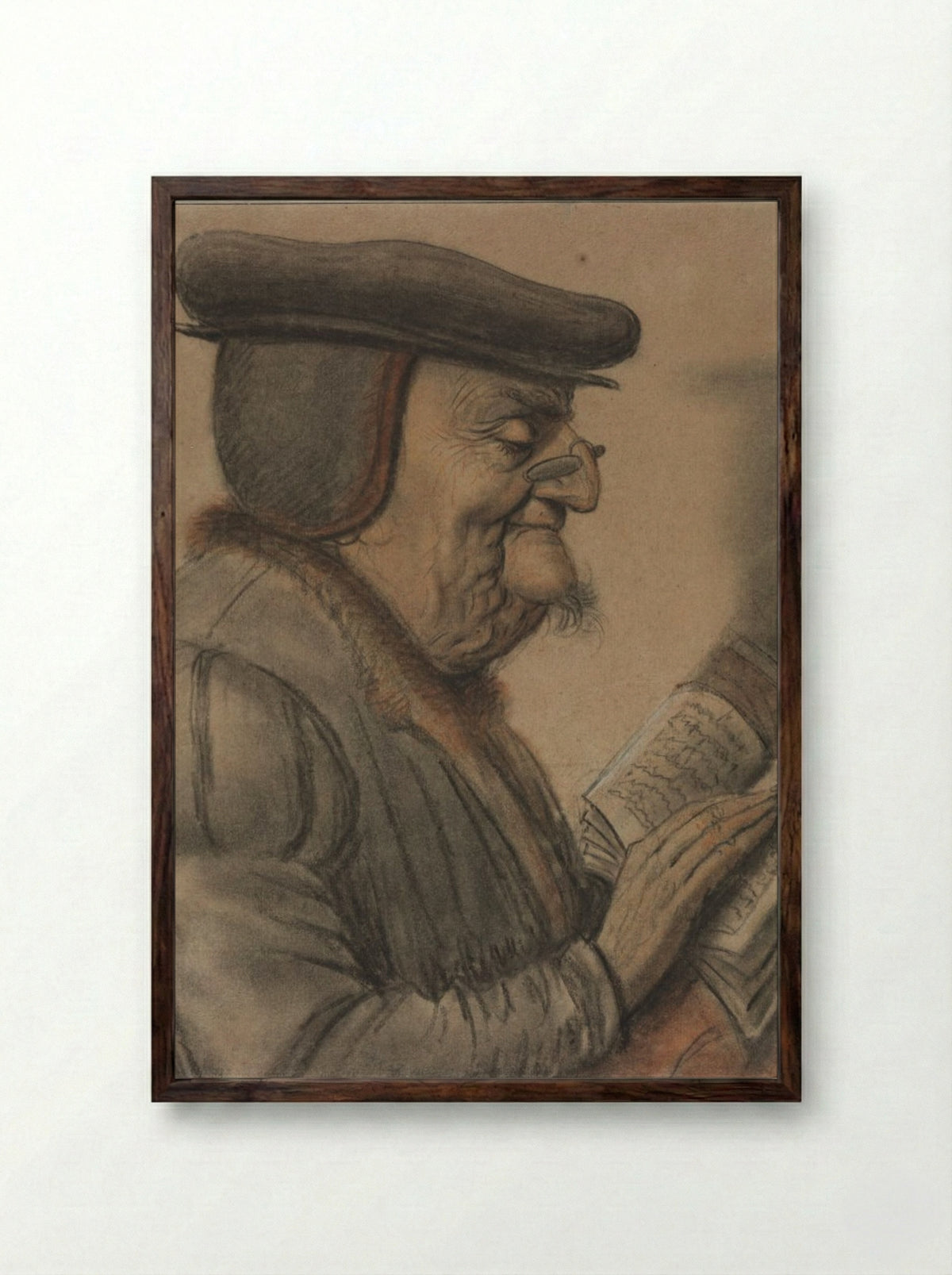 Elderly Man Reading a Book - Nicolas Lagneau - Framed Print Dark Wood