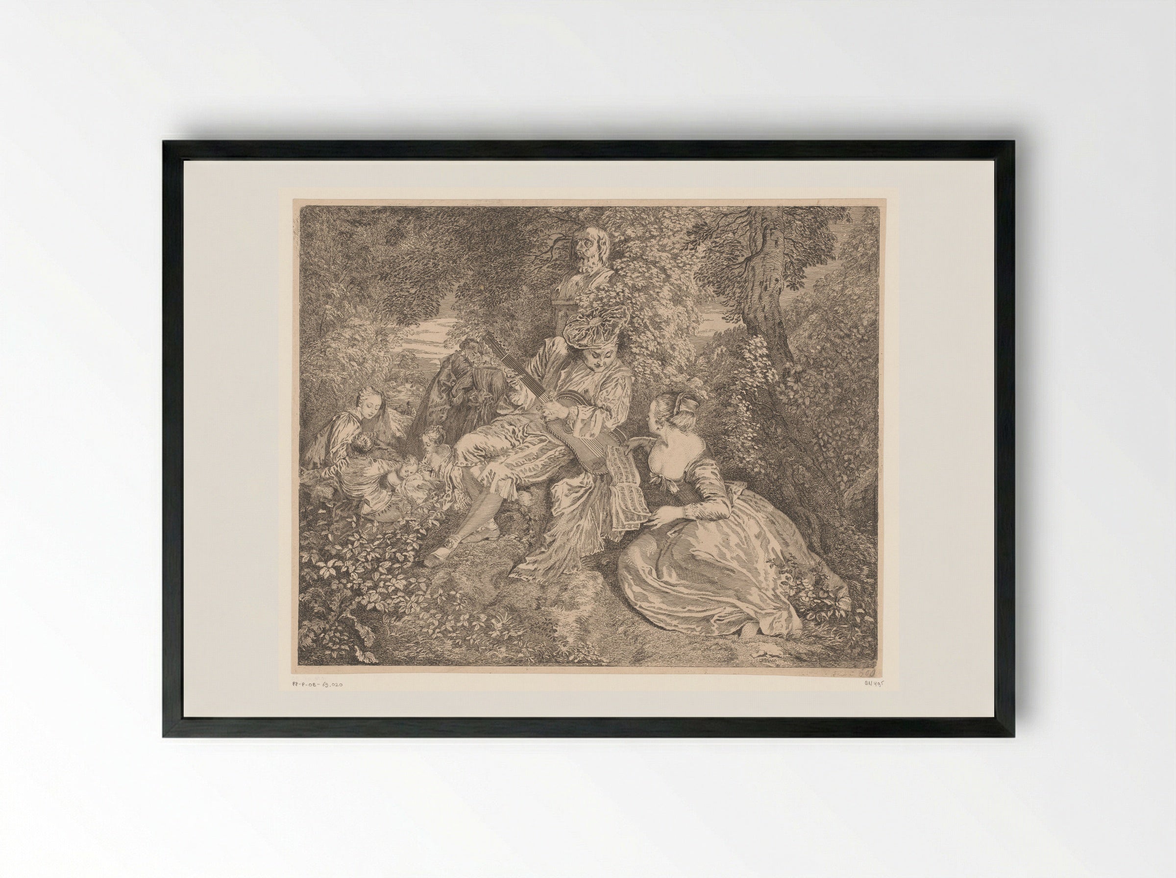 Elegant Company Making Music in a Garden - Jacques-Philippe Le Bas - Framed Print Black