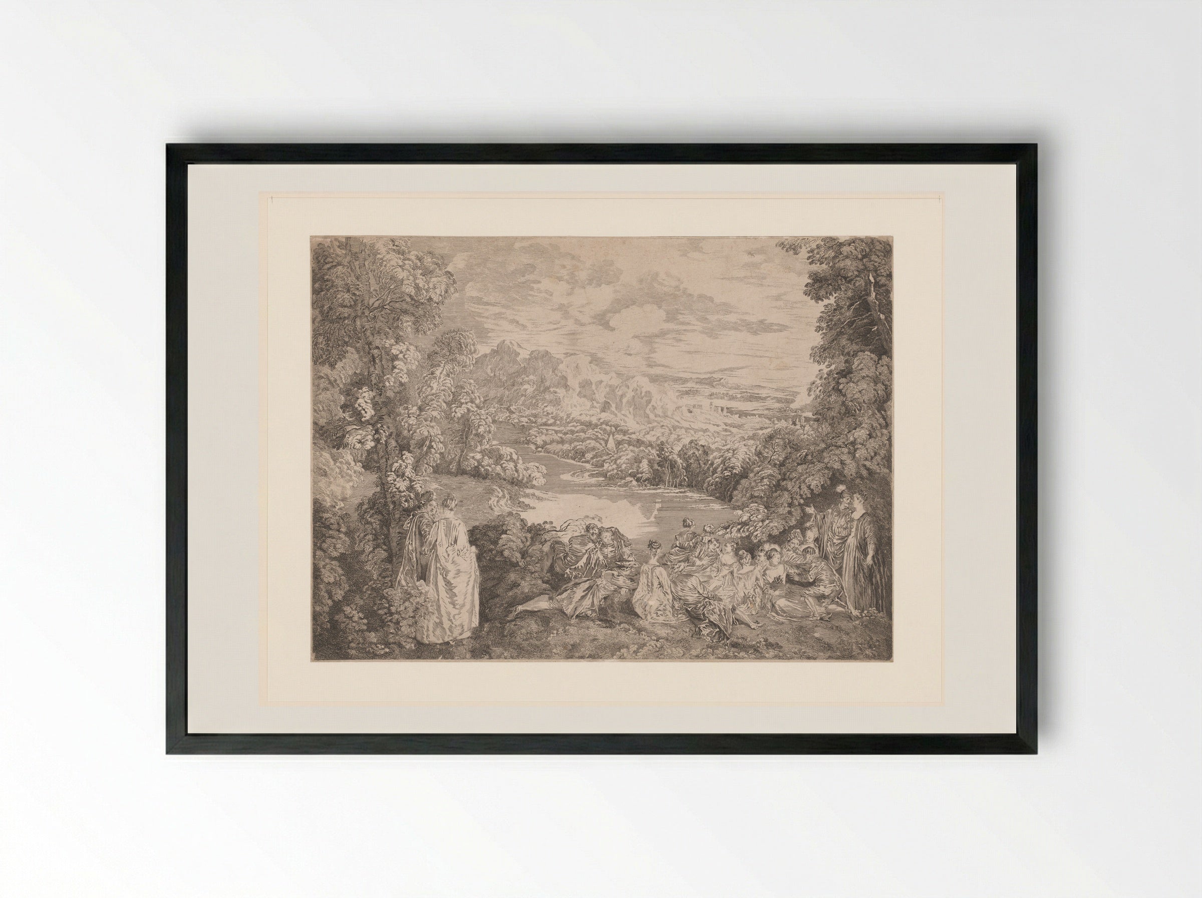 Elegant Company in a Landscape - Jacques-Philippe Le Bas - Framed Print Black