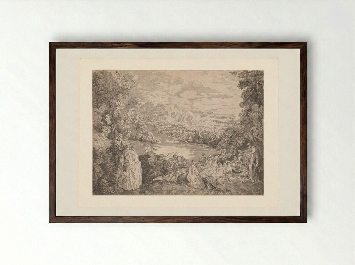Elegant Company in a Landscape - Jacques-Philippe Le Bas - Framed Print Dark Wood