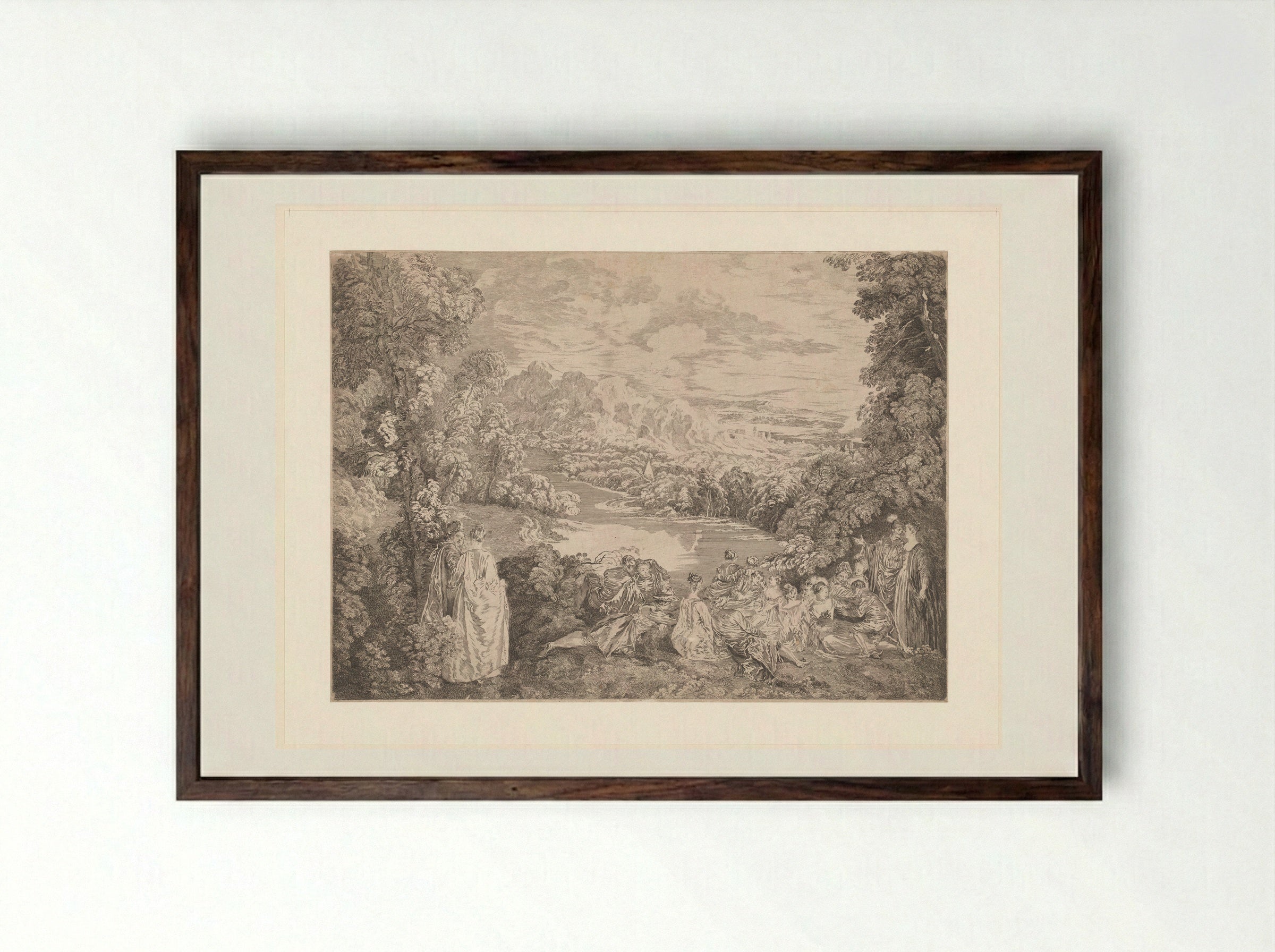 Elegant Company in a Landscape - Jacques-Philippe Le Bas - Framed Print Dark Wood