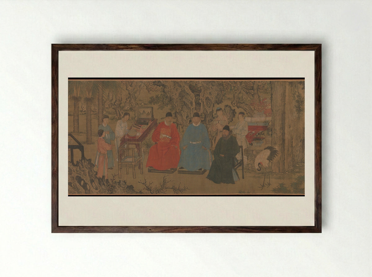 Elegant Gathering in the Apricot Garden - Xie Huan - Framed Print Dark Wood