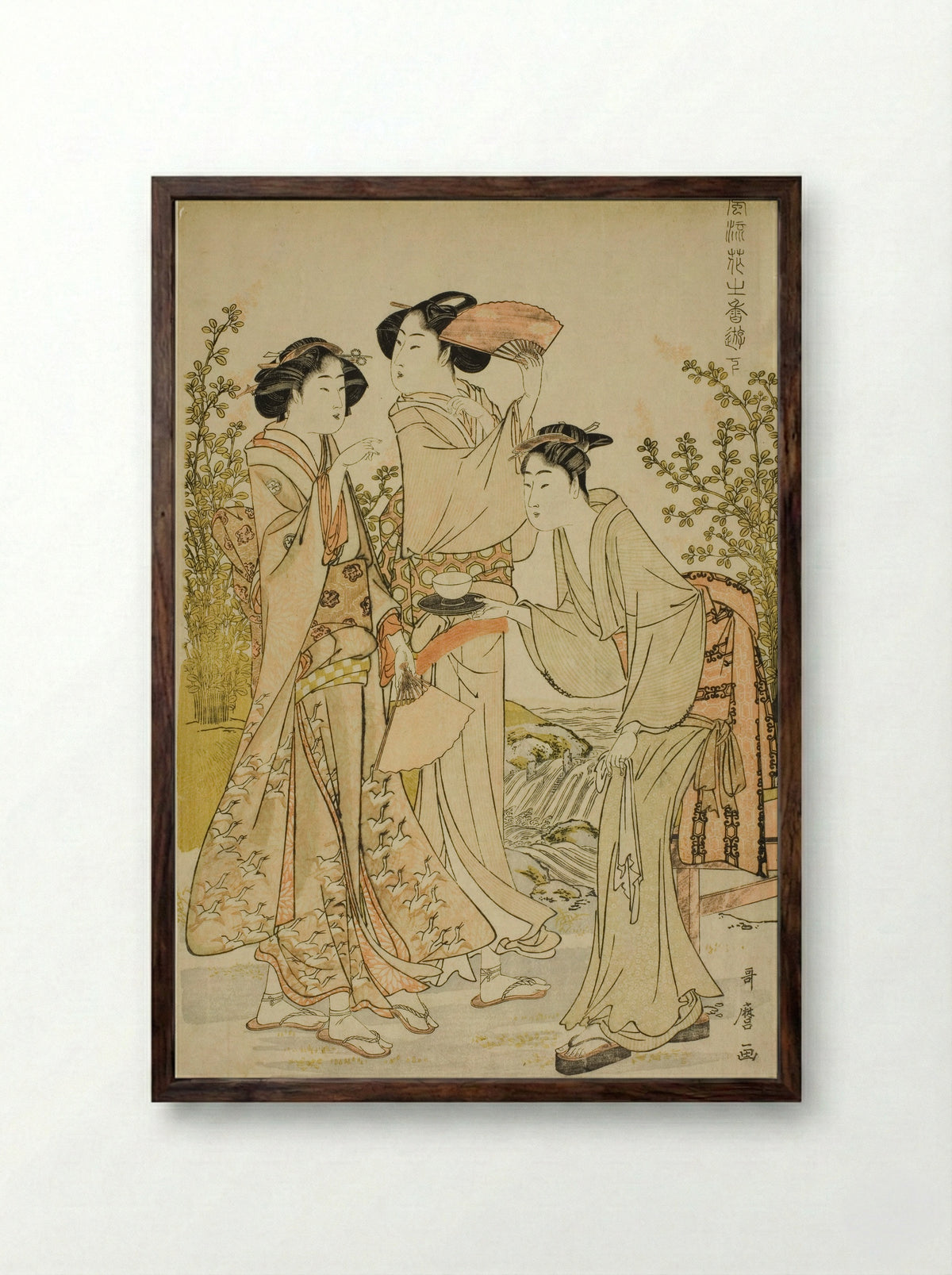 Elegant Pleasures: The Scent of Flowers, left - Kitagawa Utamaro - Framed Print Dark Wood