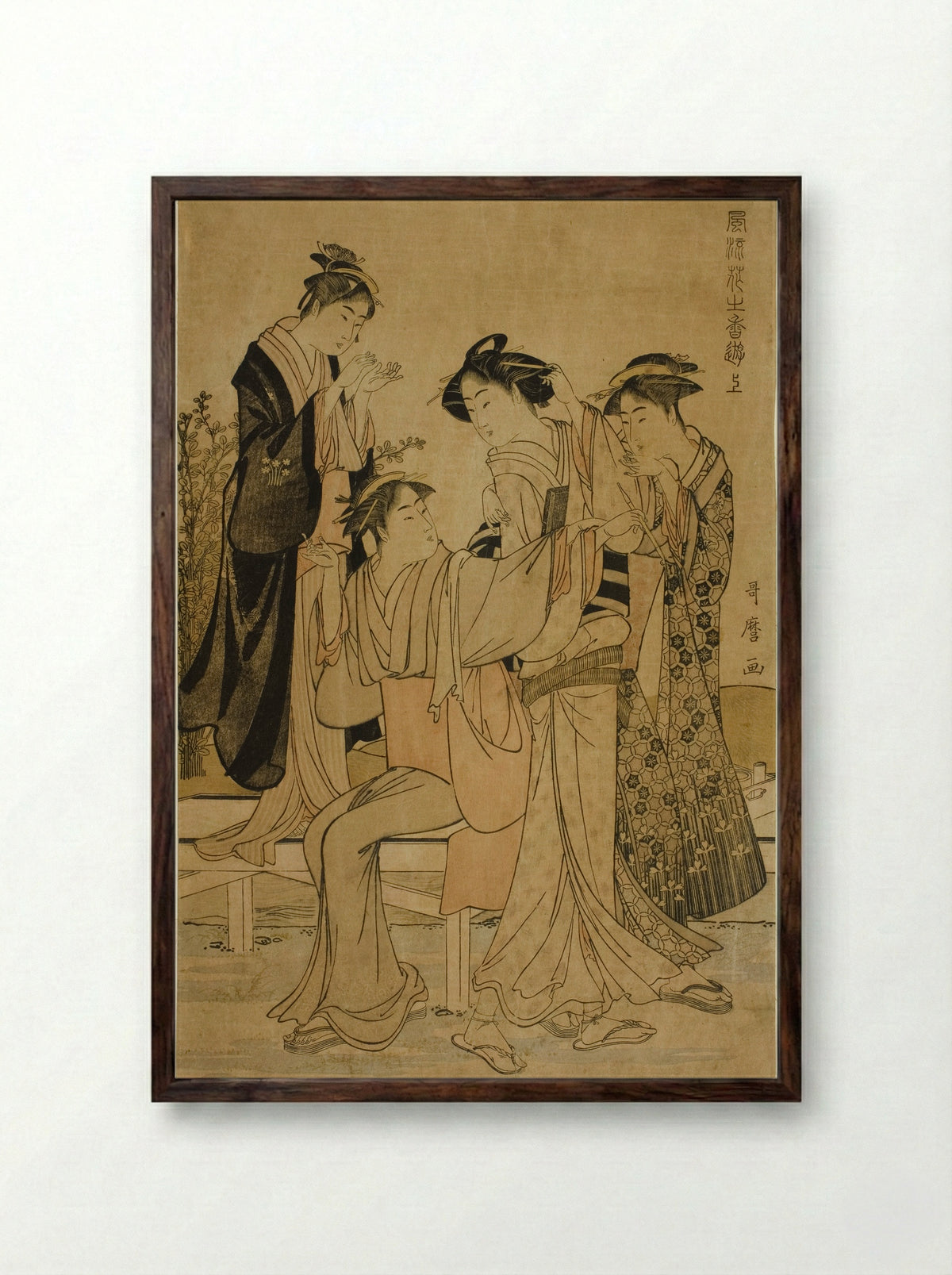 Elegant Pleasures: The Scent of Flowers, right - Kitagawa Utamaro - Framed Print Dark Wood