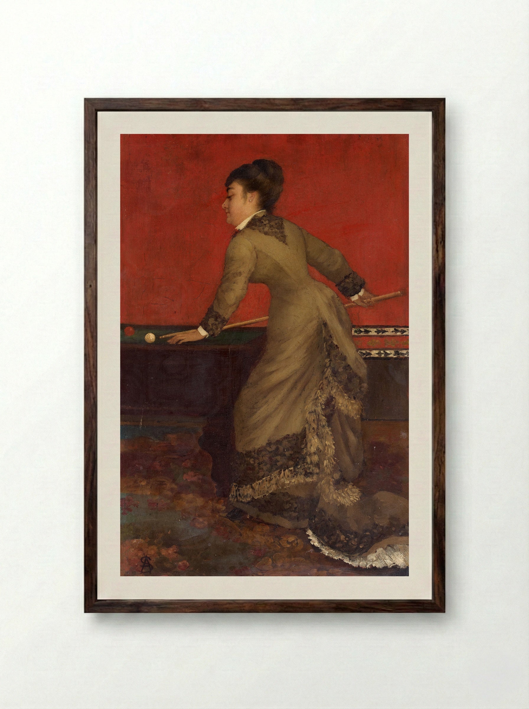 Elegant at Billiards - Alfred Stevens - Framed Print Dark Wood