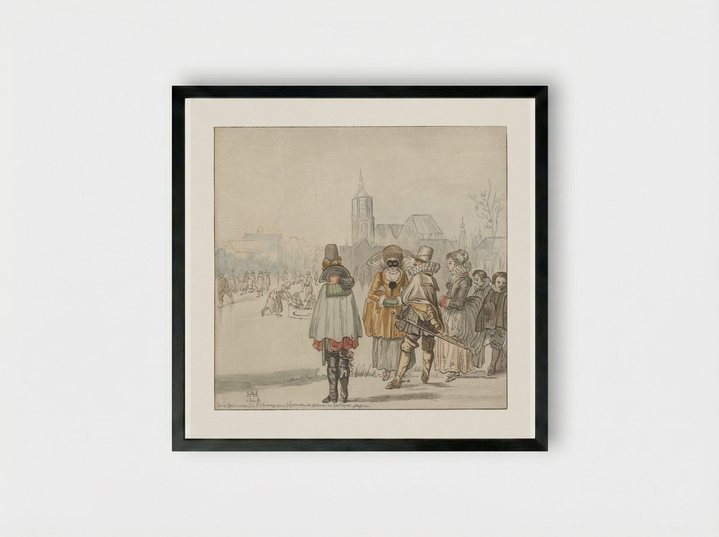 Elegant gezelschap op het ijs - Cornelis Ploos van Amstel - Framed Print Black