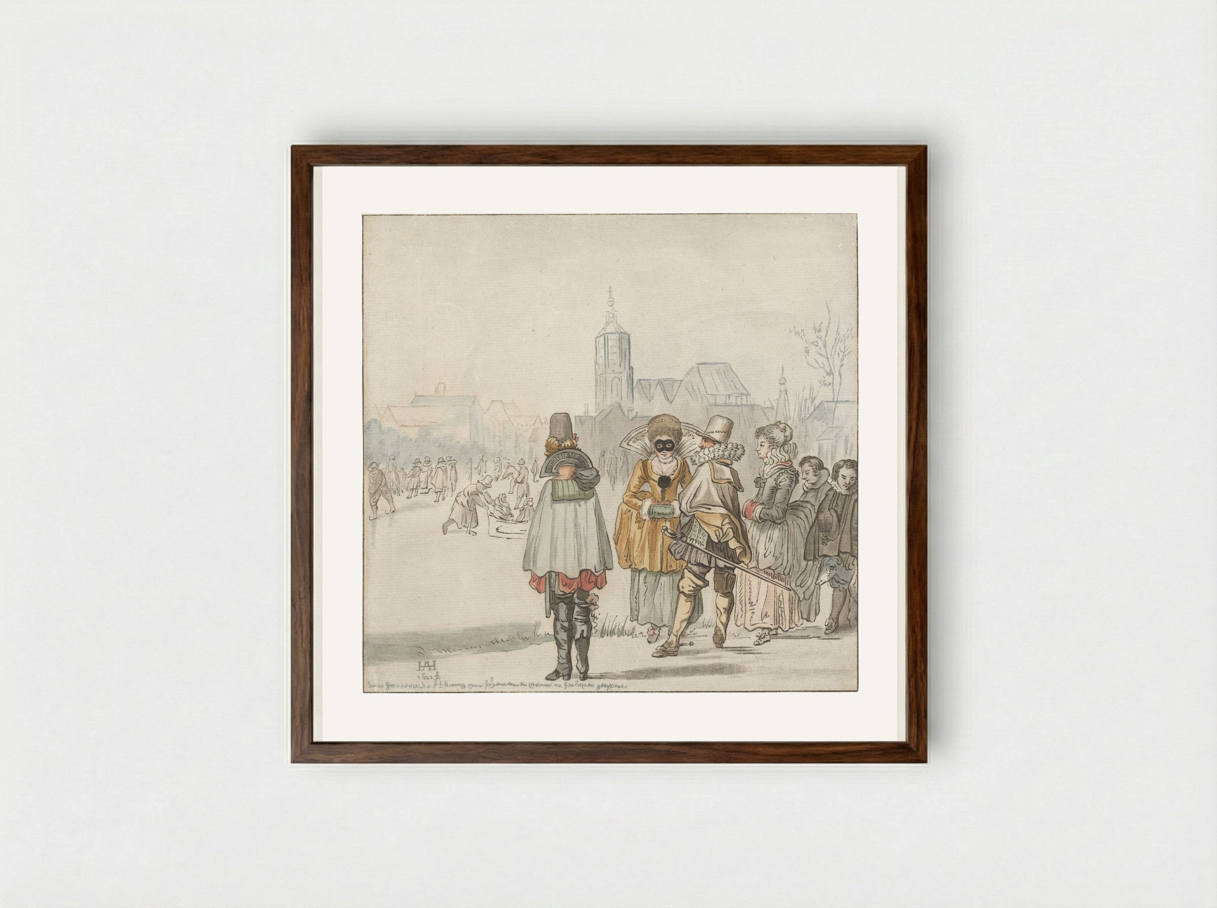 Elegant gezelschap op het ijs - Cornelis Ploos van Amstel - Framed Print Dark Wood