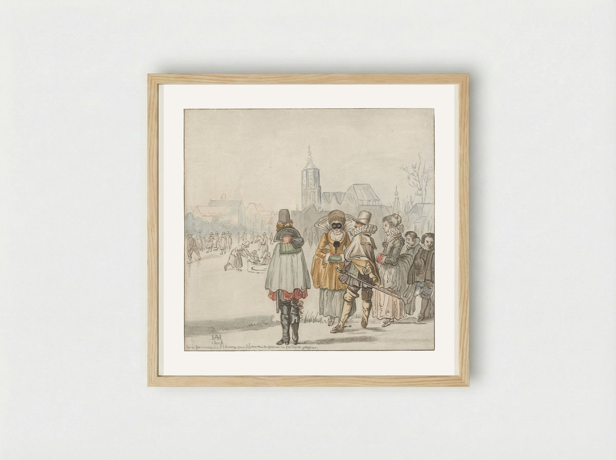 Elegant gezelschap op het ijs - Cornelis Ploos van Amstel - Framed Print Wood