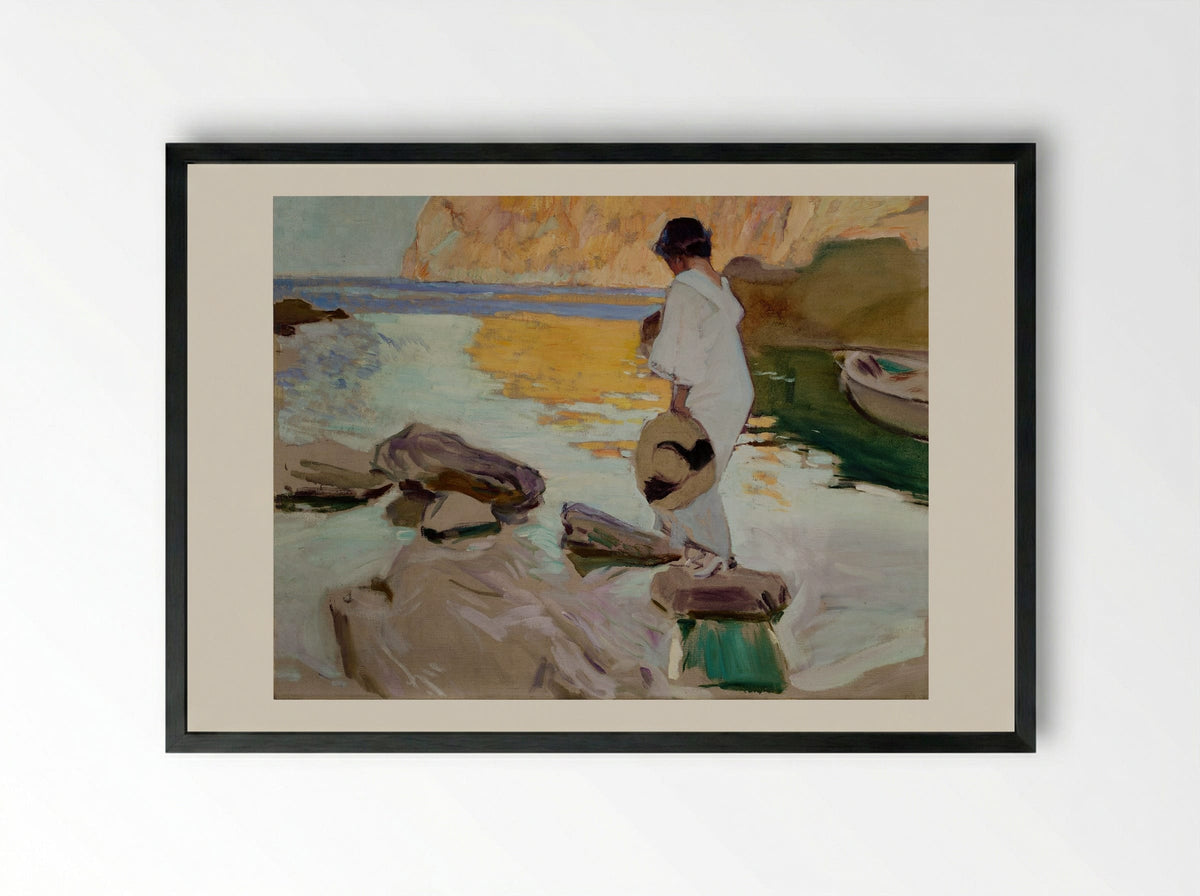 Elena in Cove, San Vicente at Majorca - Joaquín Sorolla - Framed Print Black