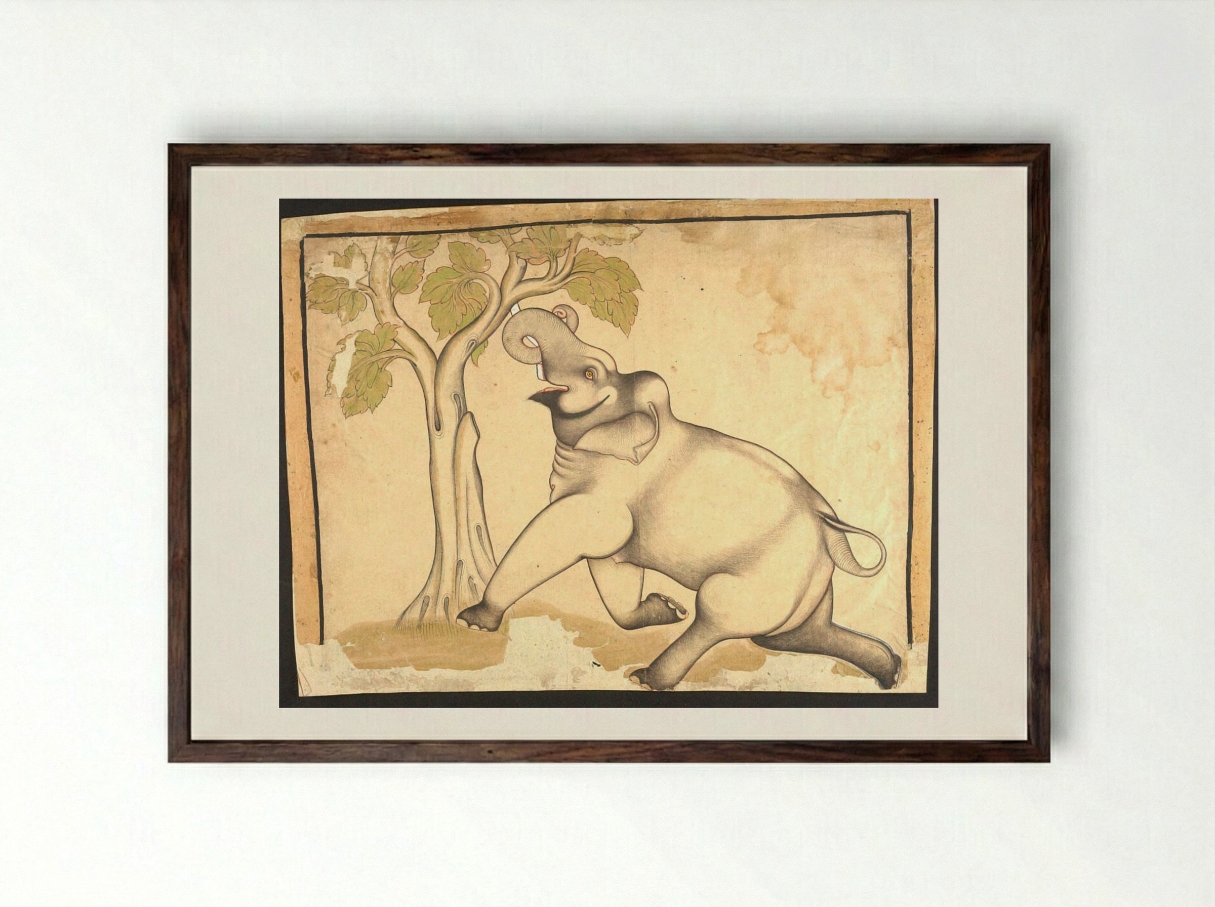 Elephant Under a Tree - Shaykh Taju - Framed Print Dark Wood