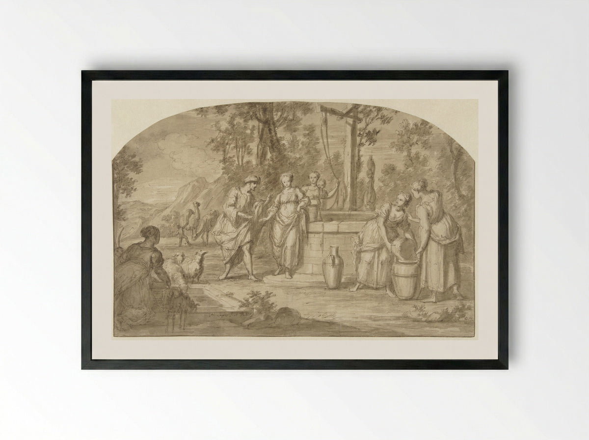 Eliëzer en Rebekka bij de bron - Hieronymus Lapis - Framed Print Black